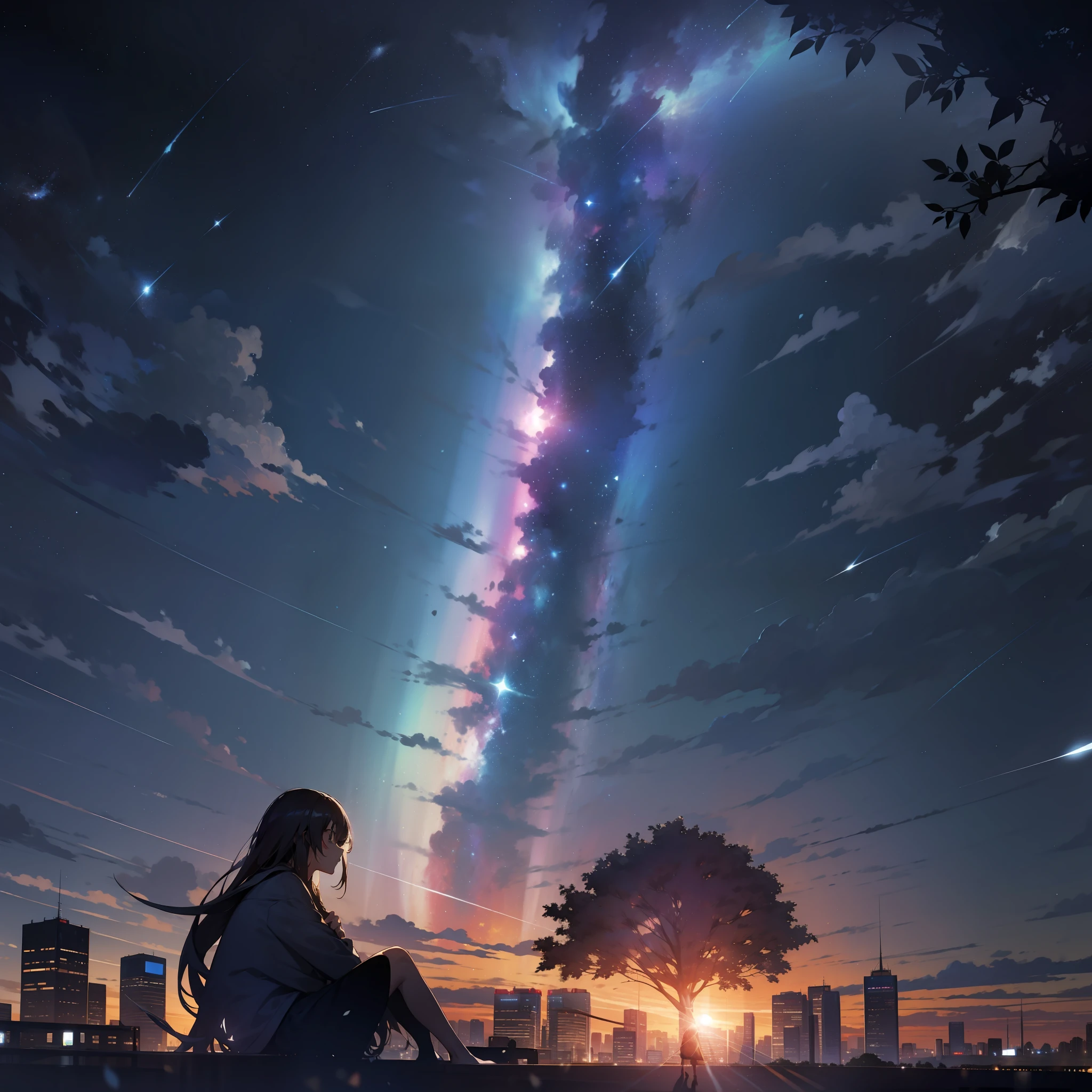 sky, star (sky), scenery, starry sky, night, 1girl, night sky, solo, outdoors, building, cloud, milky way, sitting, tree, long hair, city, silhouette, cityscape