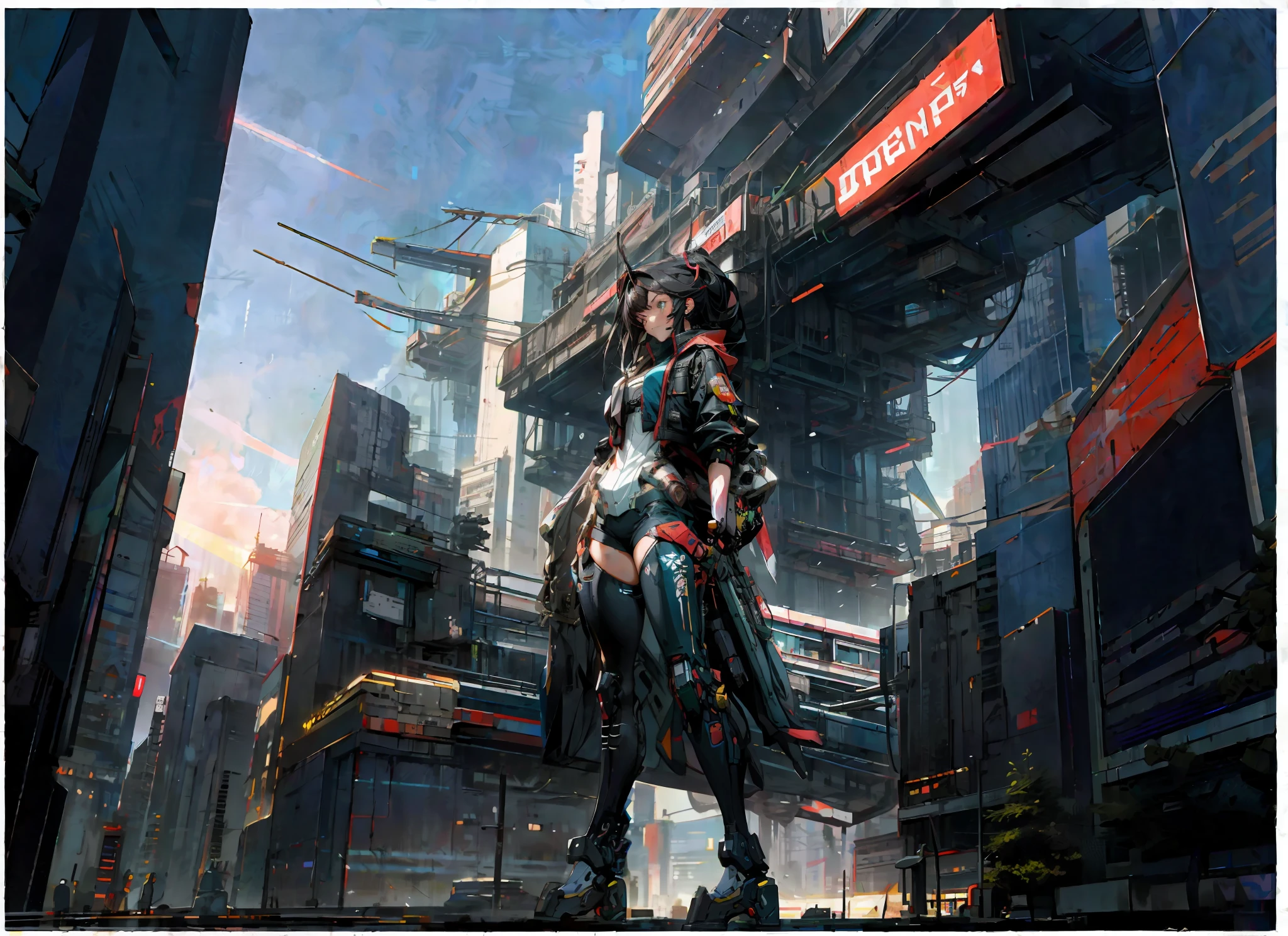 futuristic woman standing in a city with a futuristic building in the background, cyberpunk anime girl mech, digital cyberpunk anime art, digital cyberpunk - anime art, anime cyberpunk art, cyberpunk anime art, cyberpunk anime girl, female cyberpunk anime girl, girl in mecha cyber armor, cyberpunk themed art, advanced digital cyberpunk art, urban concept art, in cyberpunk city