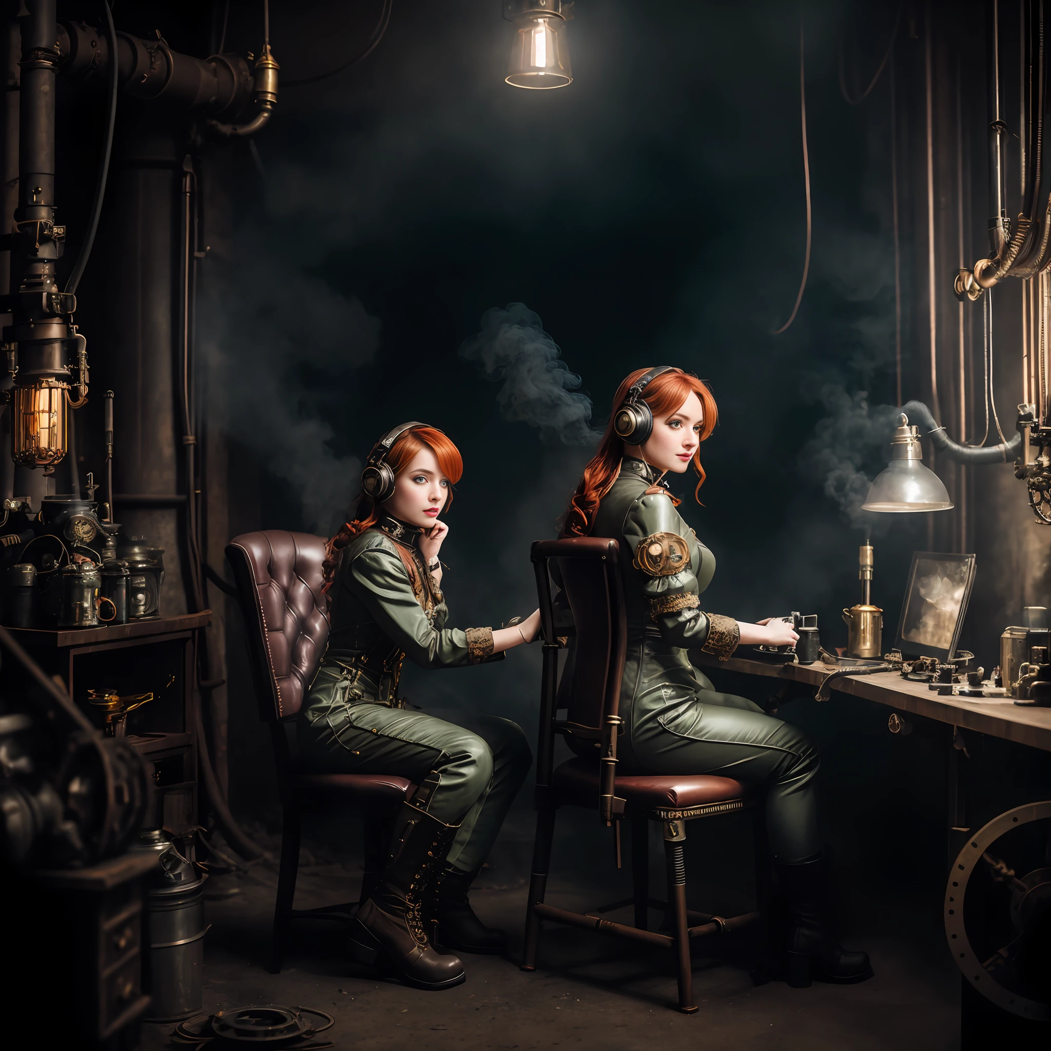hyper photorealism, perfect anatomy, realistic character, very high contrast lighting, cinematic lighting, dramatic lighting, profile, shot from the back, shot from below, (((one girl on a chair is repairing a machine in the steamy smoky workshop))), (a 19 yo girl, (Ana de Armas:0.70), (redhead:1.1)), very cute and smiley, (perfect eyes:1.1), photorealistic wavy hair, a girl in a steampunk jumpsuit in light gray color, intercom headset, steampunk choker, long leather boots, perfect detailed face, detailed symmetric green eyes with circular iris, fixing a steam engine in the steampunk garage filled with steam and smoke, cogs and gears, steamy background with lots of steam pipes and steam valves and pressure gauges and gears, intricate background, very highly detailed costume, very highly detailed background, steampunk fantasy style, steampunk , steampunk aesthetic, steamy, Canon 5D, f1.8 lens