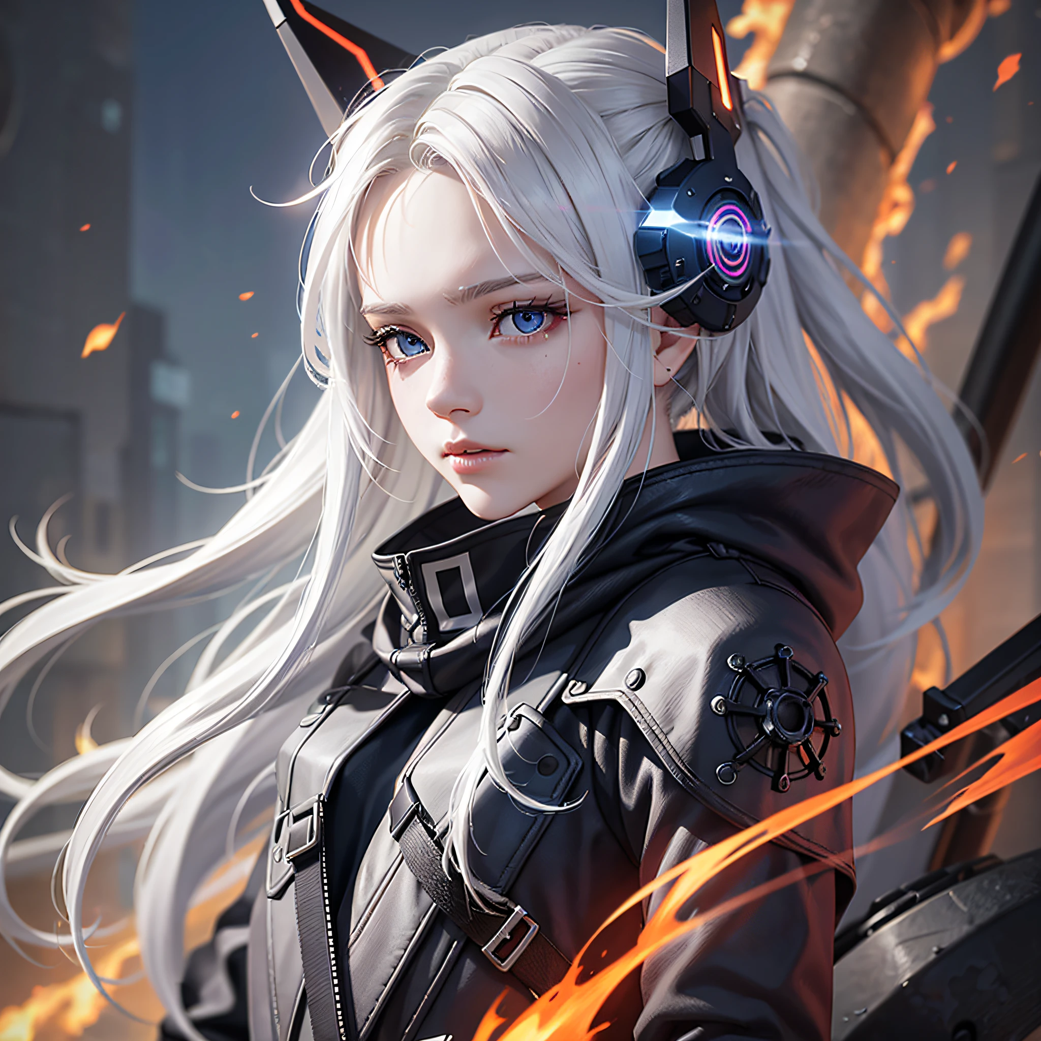 Hot, cyberpunk, tech-savvy, long white hair, self-confidence, clumsy eyes, lightning, flames, killing and death, color of doubt, flame burning scene, lightning and thunder environment, 18-year-old girl, white hair, blue eyes, mechanically modified body, flame surrounding, 3D, 8K, HD, strong color contrast, partial realistic style, spiritual eyes, calm personality, half-body, dynamic posture, cold face, try different lighting techniques to enhance the mood and atmosphere of the portrait. Highly Detailed Skin, Skin Detail, Sharp Focus, Volumetric Fog, 8K UHD, DSLR, High Quality, Film Granular, Fujifilm XT3, (Best Quality: 1.4), (Masterpiece: 1.4), (Detail: 1.3), (Best Quality: 1.4), (Masterpiece: 1.4), (Detail: 1.3), (Color Gradient Background: 1.5, Close Up: 1.5), (Realism: 1.4), (Best Quality: 1.0), (Ultra Resolution: 1.0), Long Hair, Straight hair, mild sunshine , warm environment, smart slender figure
Small breasts, dexterous dynamics , dim light around the girl gathered on the girl, tear moles , peach blossom eyes,
Slightly drunk, sacred and solemn 
（WLOP：4）