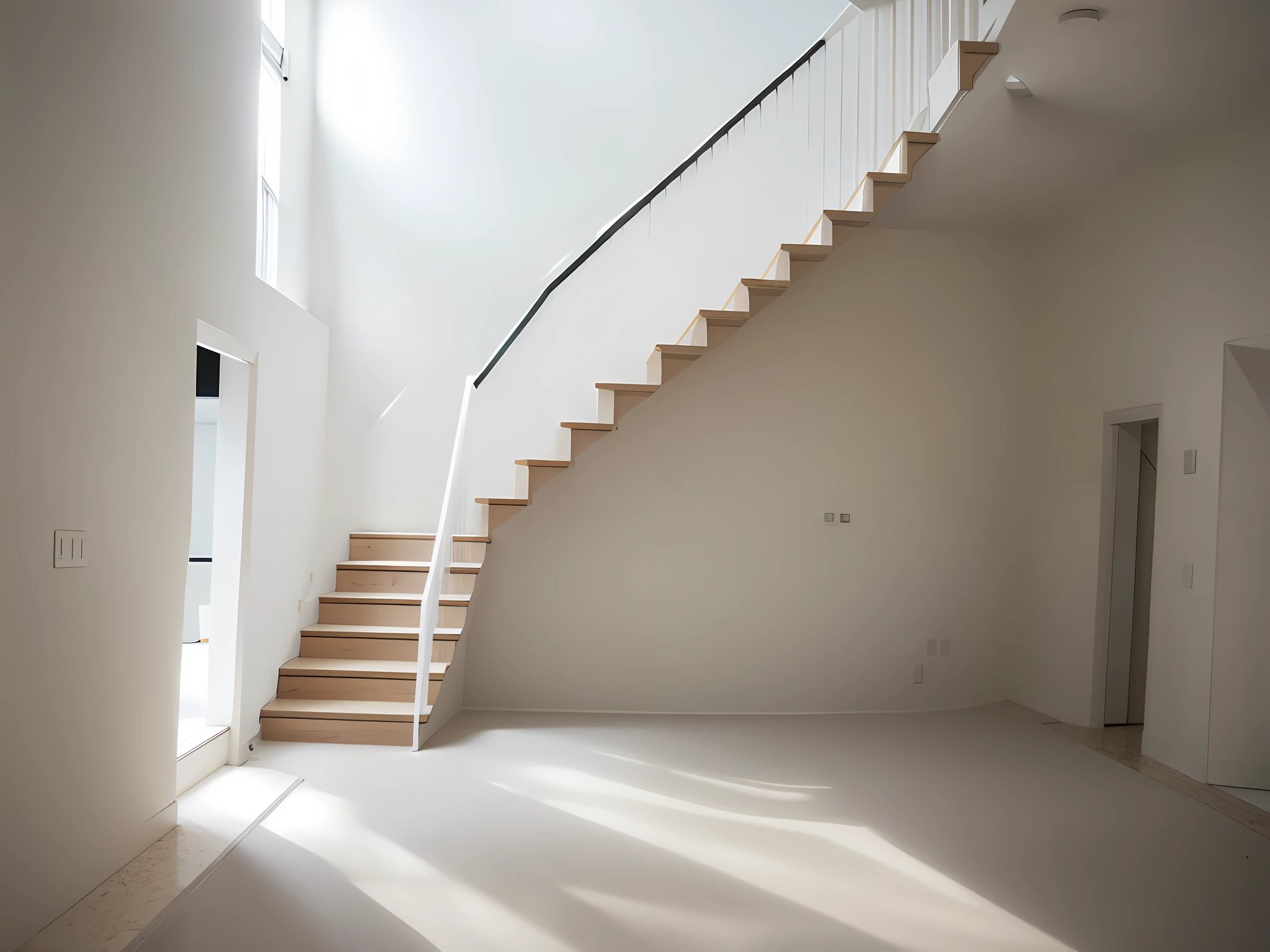 stairs, white; black railing; minimalistic;