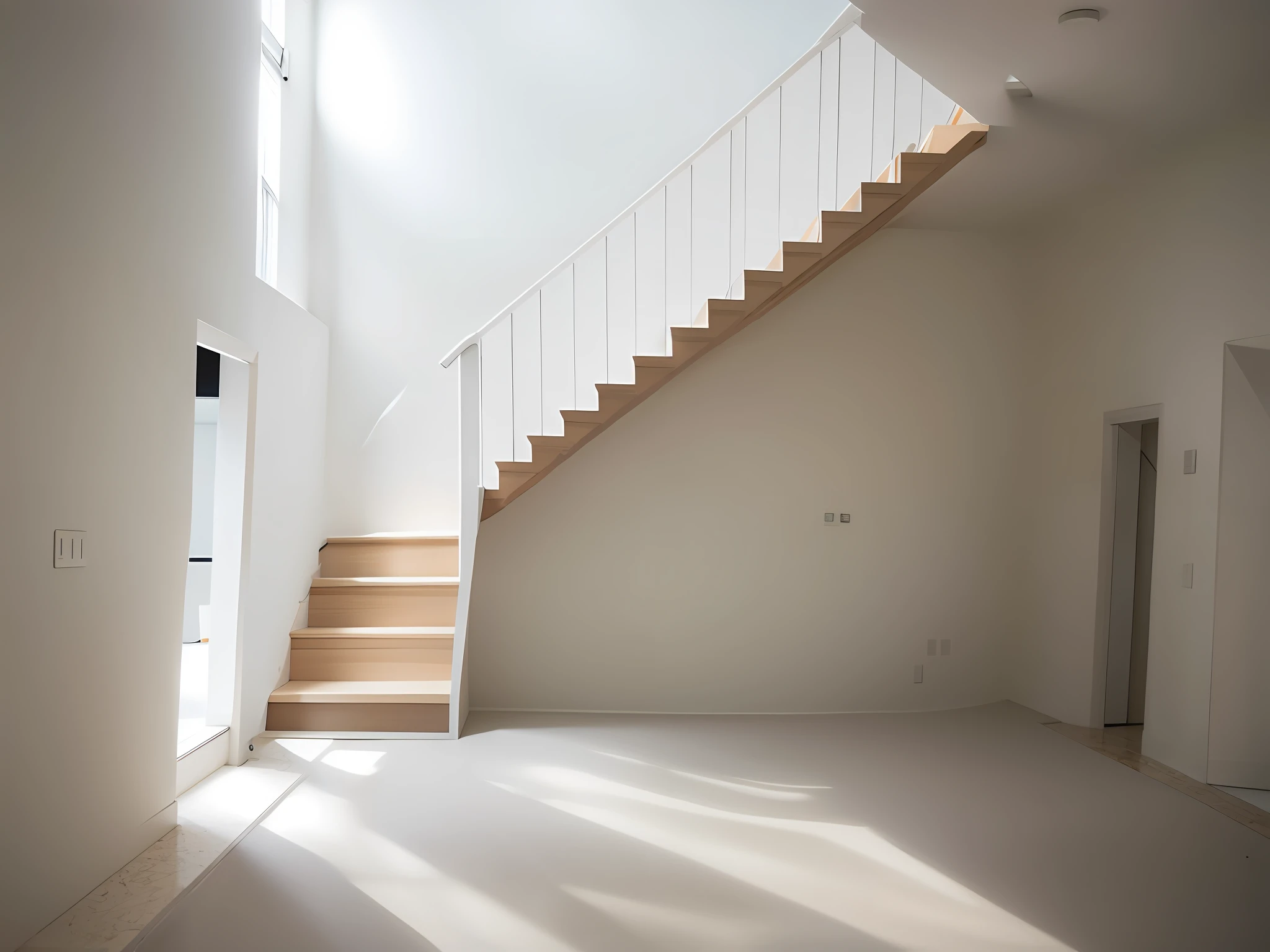 stairs, white; black railing; minimalistic;