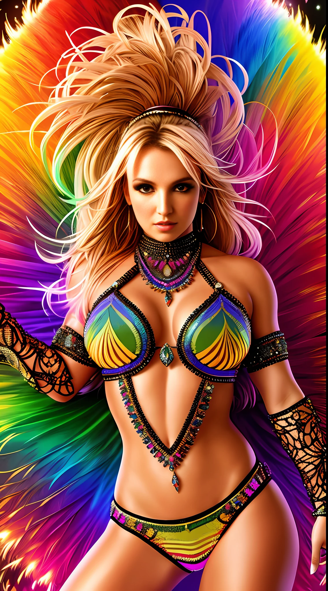 Create Britney Spears in Full Body Photography of the World's Most Beautiful Artwork, A Beautiful Woman In Intricate Costume Burning In The Desert, Rainbow Colors, ArtStation, CGSociety, Complex, High Detail, Clear Focus, Dramatic, Realistic Pictorial Art Trends Greg Rutkovsky