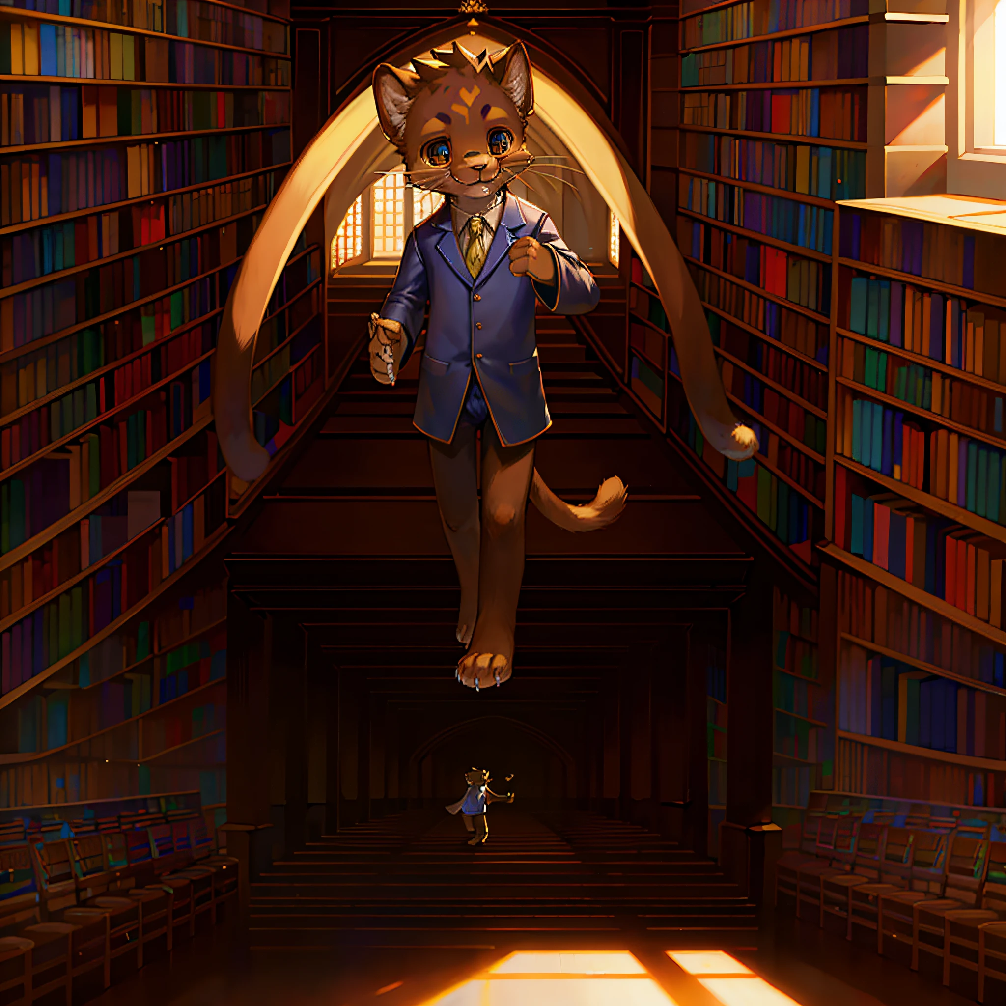 masterpiece, high quality portrait, 3D realistic CG, dramatic lighting, intricate details, sharp focus, 16k, anthro, furry, (cub), (whiskers), solo child boy, graduation gown, library, (happy), (walking), [by kekitopu : by twang: 0.5]