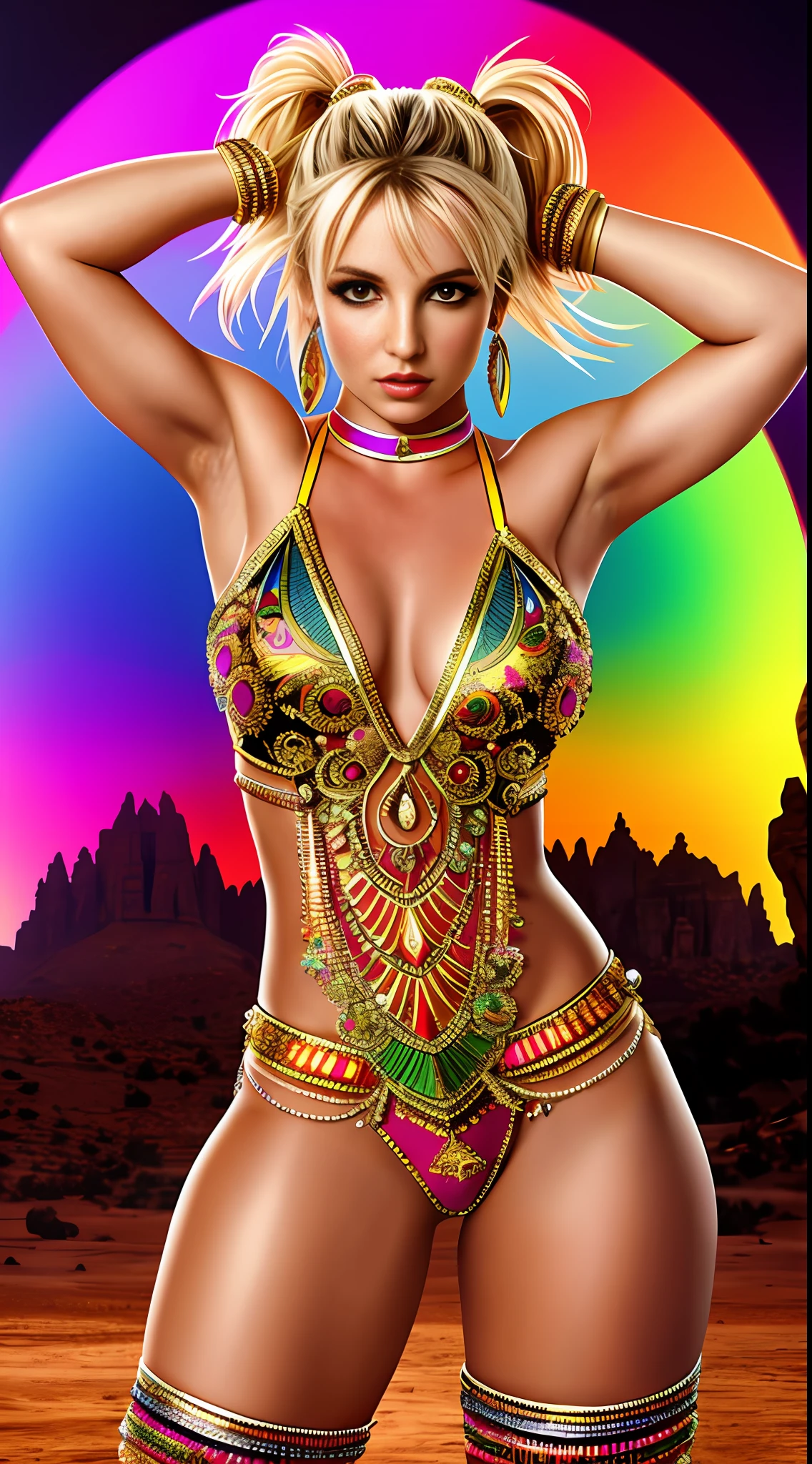 Create Britney Spears in Full Body Photography of the World's Most Beautiful Artwork, A Beautiful Woman In Intricate Costume Burning In The Desert, Rainbow Colors, ArtStation, CGSociety, Complex, High Detail, Clear Focus, Dramatic, Realistic Pictorial Art Trends Greg Rutkovsky