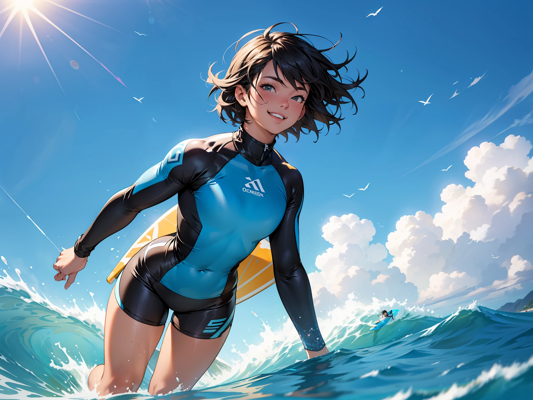 (1 person), Solo, Beautiful Detail Eye, {{{Masterpiece}, {{Best Quality}, {{Super Detail}}, {Illustration}, Cinematic Angle, {Beautiful Detail Eye}, {Detail Light}, Cinematic Lighting, Cute Girl, Short Hair, Moments in the Surf. A beautiful woman floating in the blue sea straddles a surfboard and runs freely on the waves. The sunlight makes her hair and body shine, smiling as she rides the wind. A moment of ultimate freedom and excitement. The costume is a combination of a long-sleeved rash guard and shorts. The rash guard does not fit too much to the body, has a bright shade and has a small logo on the chest. Shorts are made of comfortable materials and emphasize ease of movement. It brings out the sporty charm.