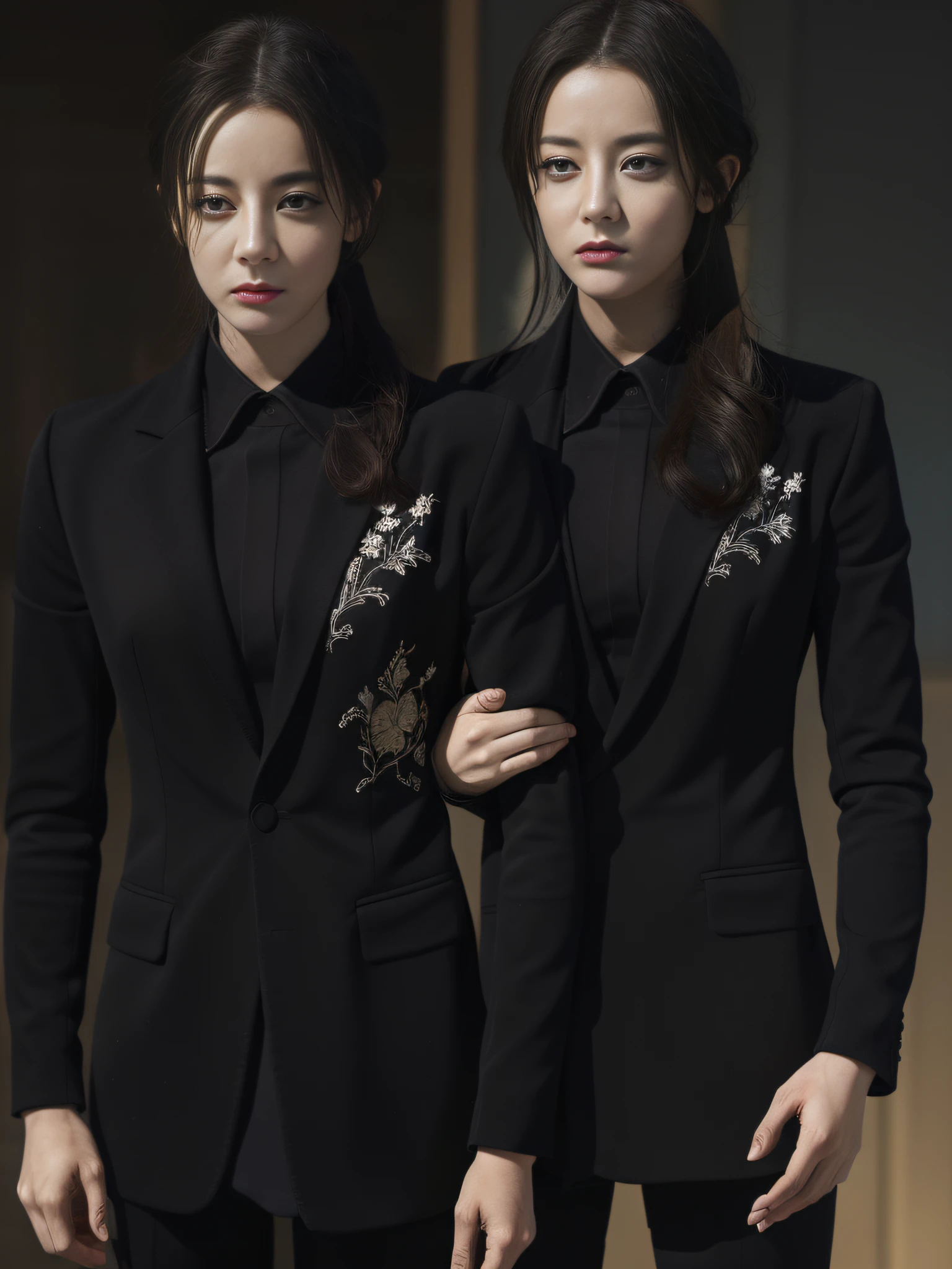 Best quality, masterpiece, realistic photos, intricate details, original photos, full body photos, selfies, ID photos, black shirts, neat black suits, straight clothes, embroidery, looking at the camera, frontal perspective, movie lighting