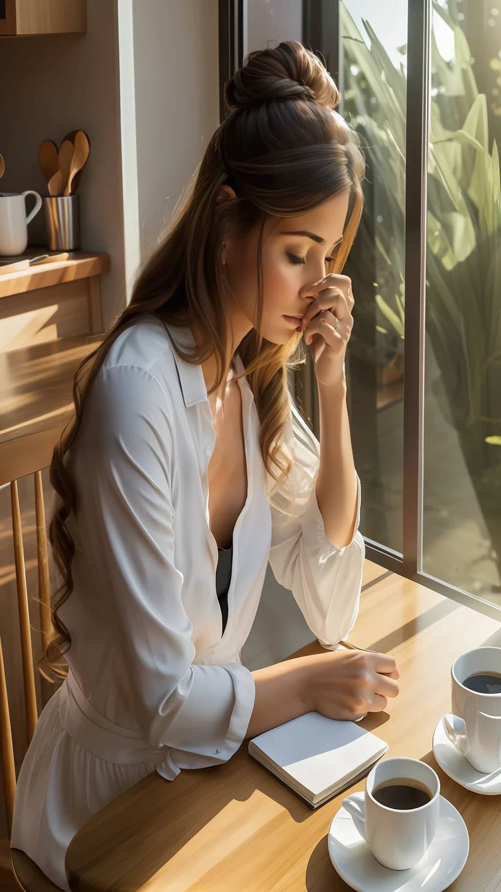 (a beautiful woman:1.1),sad,pouring coffee,quietly (sitting:0.9) at the (lit kitchen table:1.2), morning sun, delicious aroma, natural light, sad and thoughtful face. --auto --s2