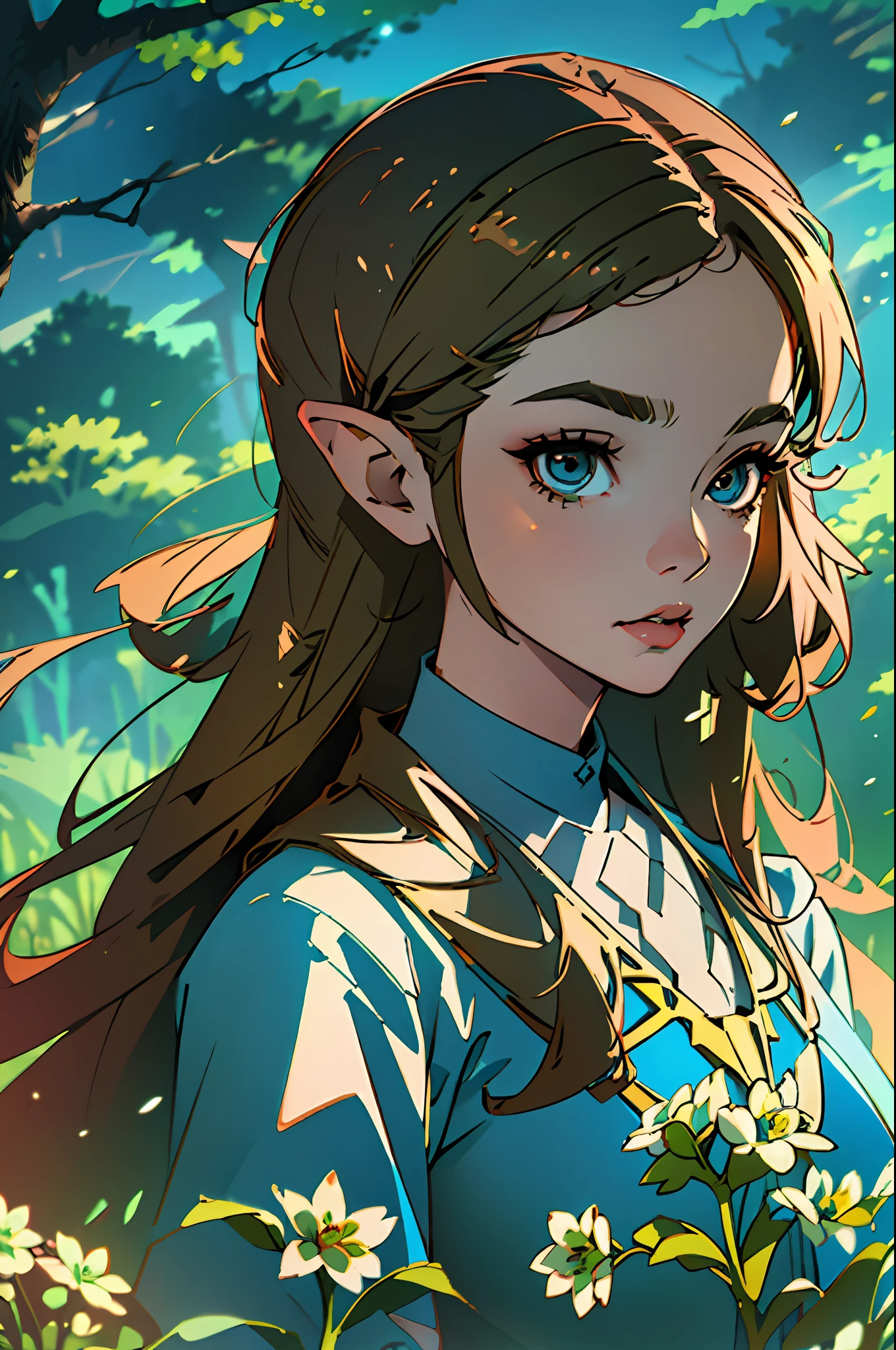 (best quality:1.2, masterpiece:1.2), (detailed eye:1.2), intricate detail, depth of field, 1girl, standing, upper body, princess zelda, long hair, forest, looking at viewer.