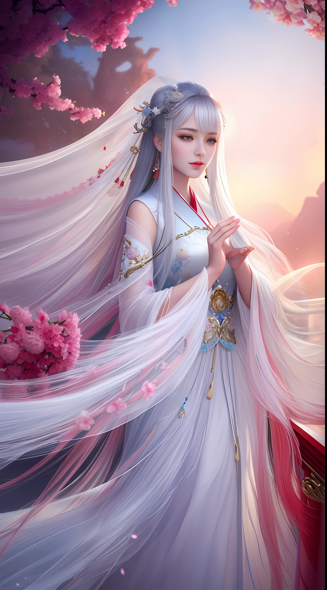 (Masterpiece, Best Quality, Extremely Detailed 8K, Ultra HD, Ultra Detail, Highly Detailed, Highly Realistic, Ultra Realistic, Photo Realistic) Close-up of a woman with a blind face on her face, fantasy art, artwork, white hair, (bangs transparent clothes tulle) Ethereal, messy hair, gaze, tulle white hanfu, ethereal Ethereal fantasy Flowing white robe Chinese elements ((red))