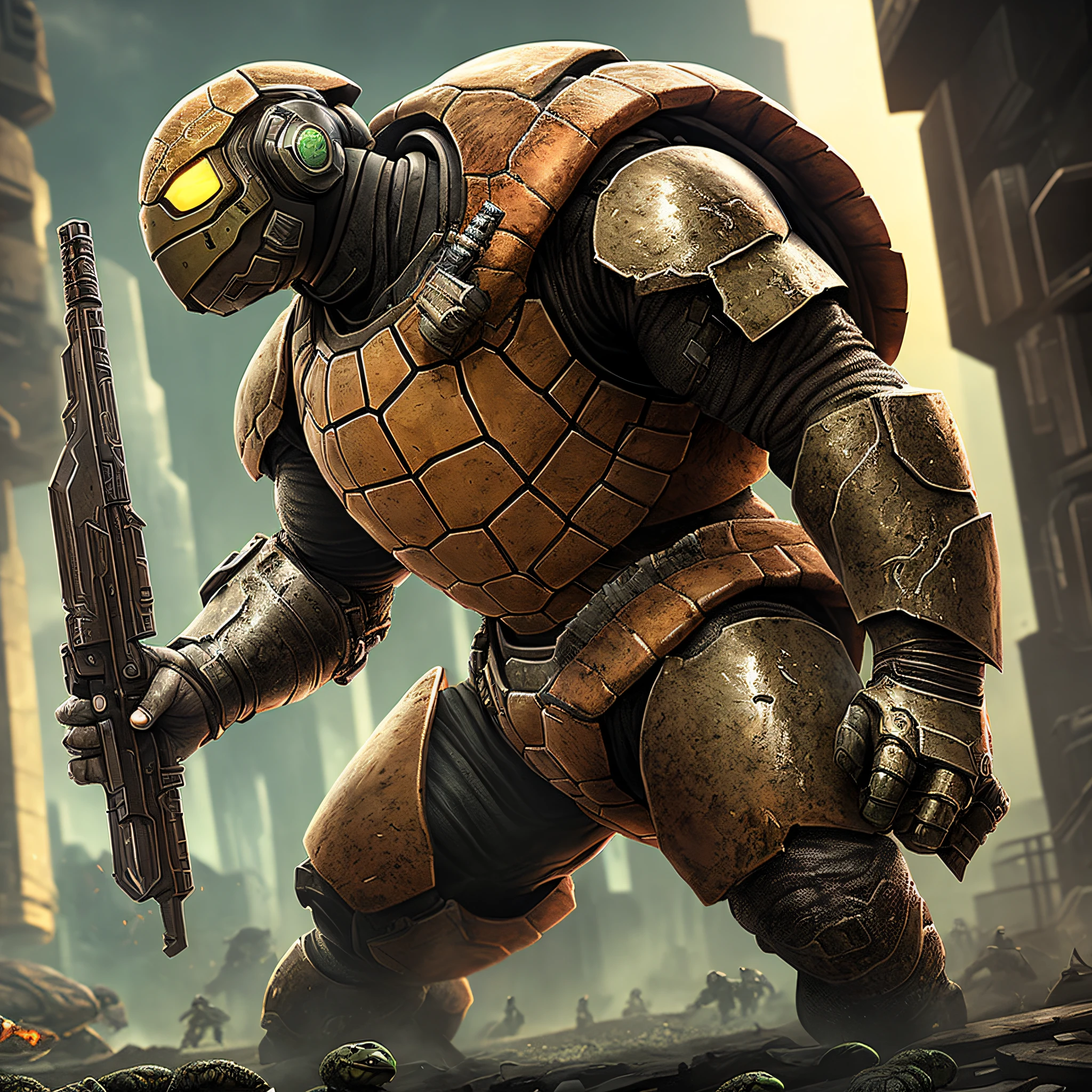 "Make a (Cute Turtle: 1.3) X (Doom Killer: 1.2) (Realistic: 1.3) (Sci-Fi: 1.2 + Cyberpunk: 1.2) style (Power Armor Machine) image, 8k resolution, HDR technology to enhance the picture, focus on performance (complex details: 1.4 + super detail: 1.3), add (backlight: 1.3) effects to create an atmosphere, make a (Movie: 1.3) level image, inspired by (ArtStation: 1.3), Two turtles:. Holding a glowing sword --auto --s2