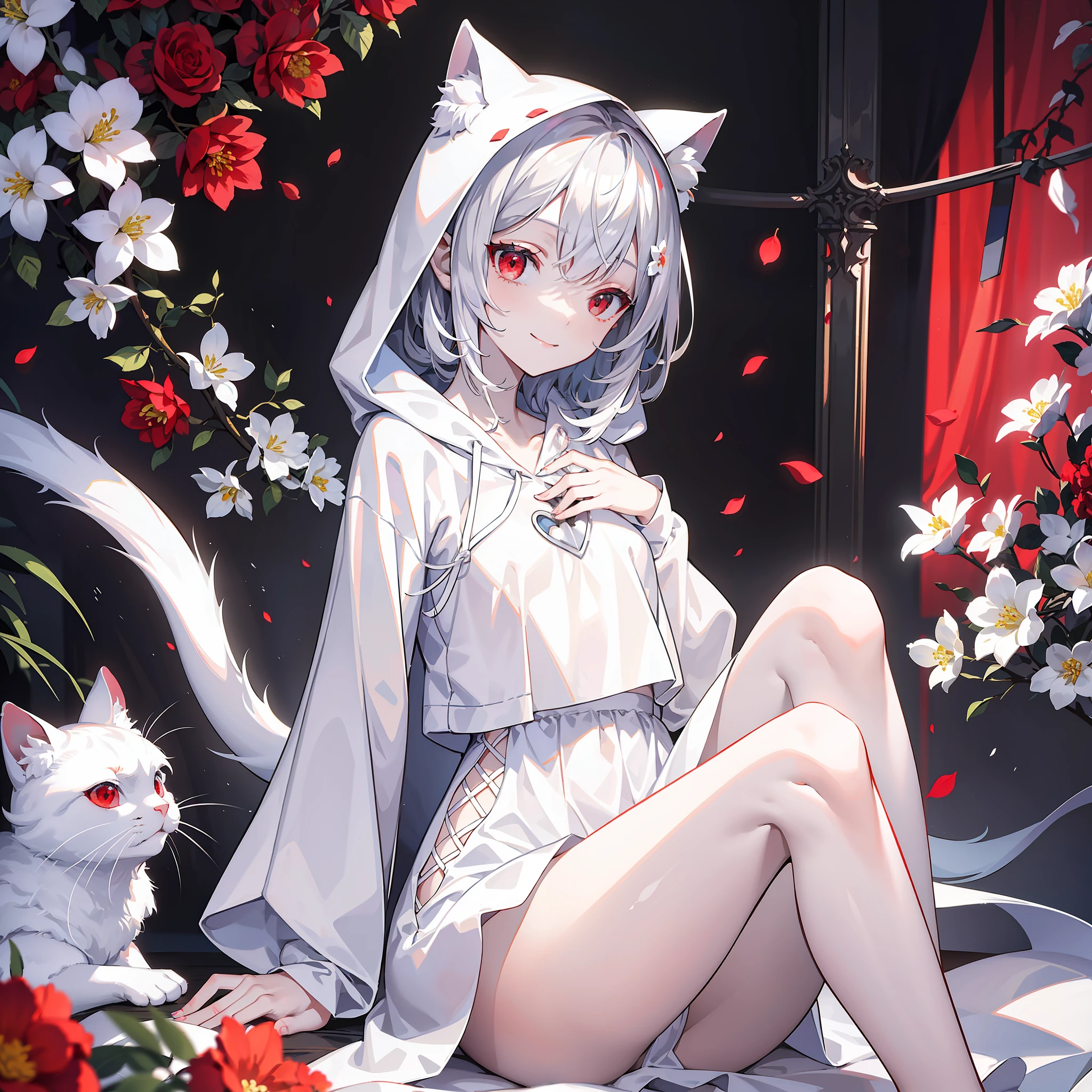 Masterpiece, Best Quality, Beautiful Lighting, White Cat Hoodie, Silver Hair, Red Eyes, White Skin, White Silk Dress, Pajamas, Petite Girl, Slender Body, Beautiful Details Eyes, Flower Garden, Lively, Sexy Smile, Pure White, Dress, Leg Exposed, Chest Open