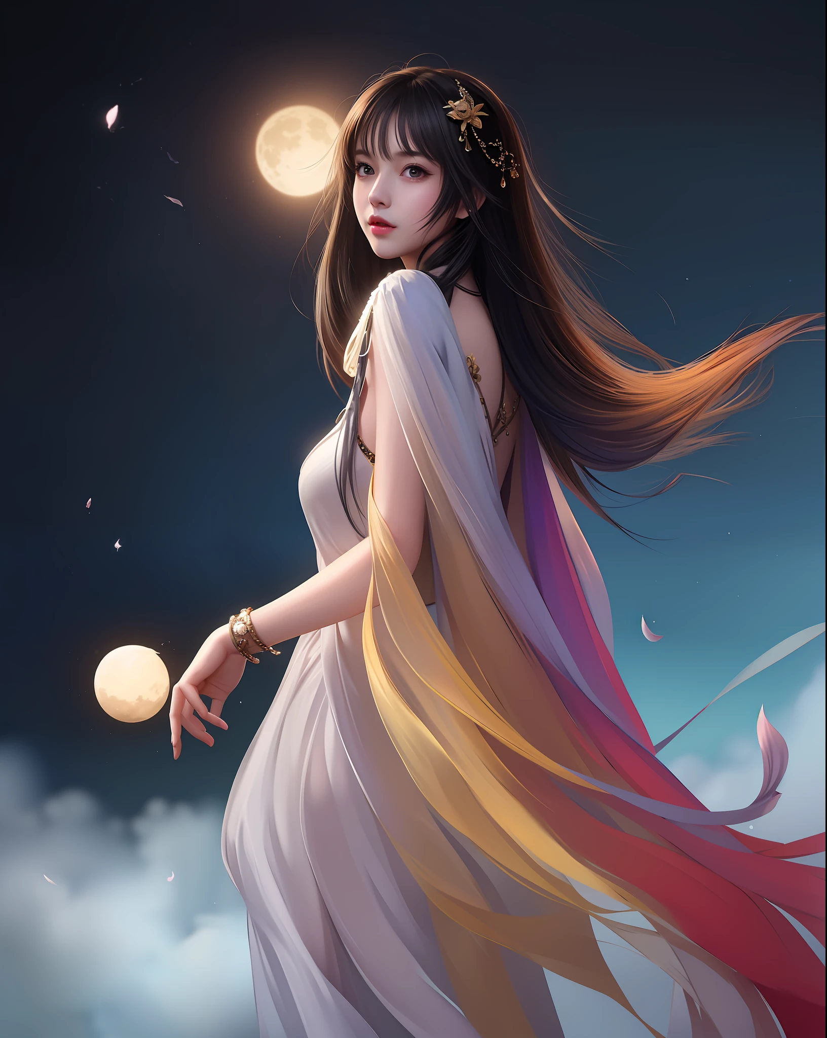 (8k, RAW photo:1.2), best quality, ultra high res,dramatic angle,(fluttered detailed color splashs), (illustration),(((1 girl))),(long hair),(rain:0.9), (头饰:1.4),少女身边有一座古宫,汉服,(重点),彩色水墨画,(泼彩),泼彩,(((colorful))),(素描:0.8) , Masterpiece, best quality, beautiful painted, highly detailed,(denoising:0.6),[splash ink],((ink refraction)), (beautiful detailed sky),moon,highly,detaild,(masterpiece, best quality, extremely detailed） CG unity 8k壁纸，杰作，最好的质量，超详细），（石蒜），