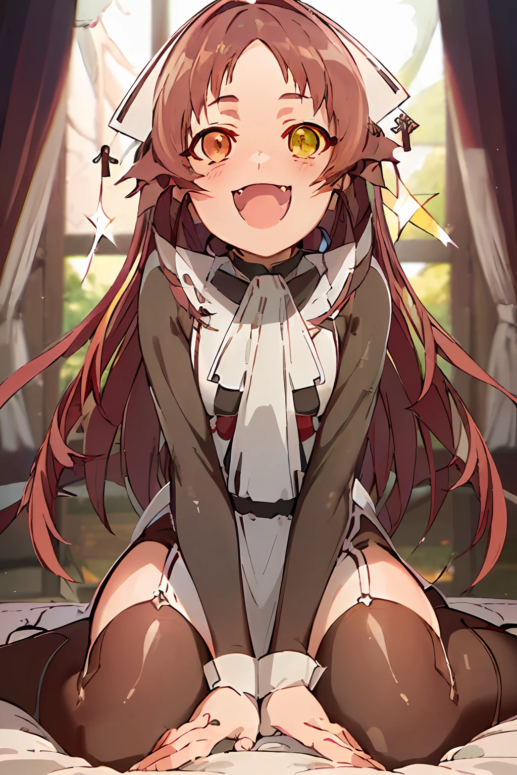 (detailed), (Aisha Greyrat from (\Mushoku Tensei\), (view from below:1.2), cute smile, :o, cute fang out, hand pointing at viewer, incomig kiss, straddling, sitting on a bed, sfw, legs spread, heterochromia, multicolored hair, coloredinner hair, very long hair, mole under eye, crazy eyes, open mouth, fangs, tongue, anime, depth of field, sparkle, ((best quality)), ((masterpiece)), UHD, retina, anatomically correct, textured skin, super detail, high details, award winning, highres