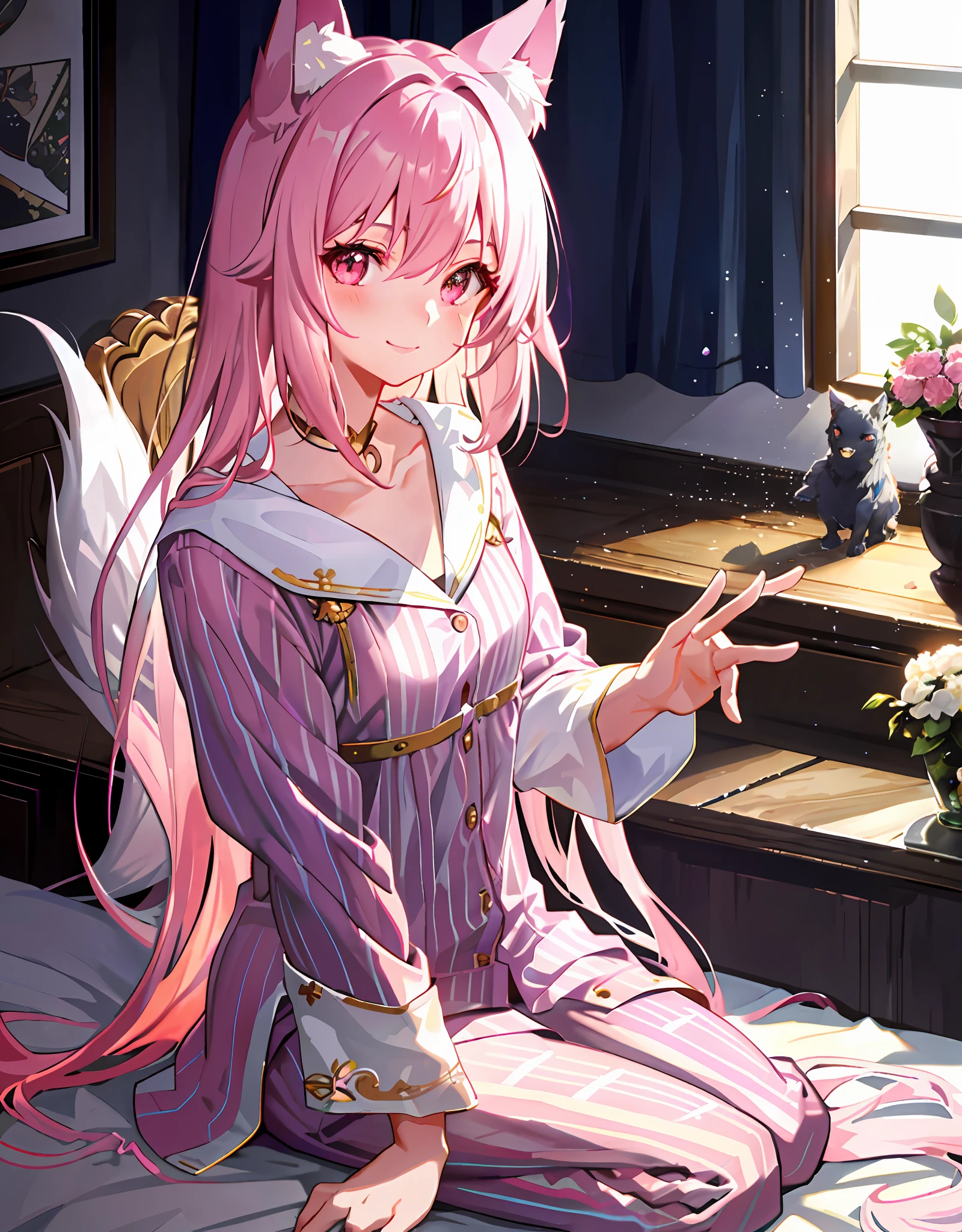 Close-up, upper body, one girl, smile, wolf ears, wolf tail, pink eyes, hair between the eyes, striped hair, long hair, jewels at the ends of the hair, (in thin pajamas with fluttering chest: 15), jewels, AI super luxurious bedroom and cute interior: 5, (on bed: 15) sitting in, looking at the viewer embarrassedly and laughing, blushing, morning sun shining through the window,