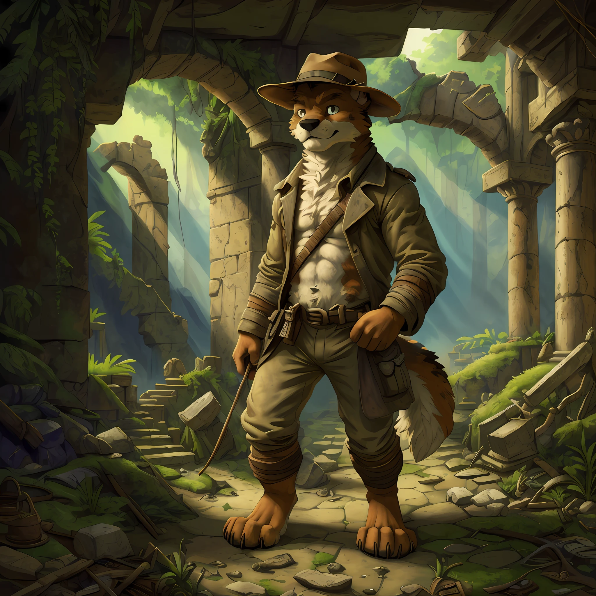 top quality, best quality, High-quality illustrations by Michelangelo, by Johannes Vermeer, masterpiece, super high resolution, detailed background, Old Ruins, Dungeons, Indiana Jones series(highly detailed beautiful face and eyes)absurdres, perfect anatomy(handsome 1boy, kemono, solo focus, Adventurer, Archaeologist)(furry)(furry anthro:1.7)(Furry body, dog facial features, dog body features)(very detailed body fur)full body, Dirty Coat and Hat,