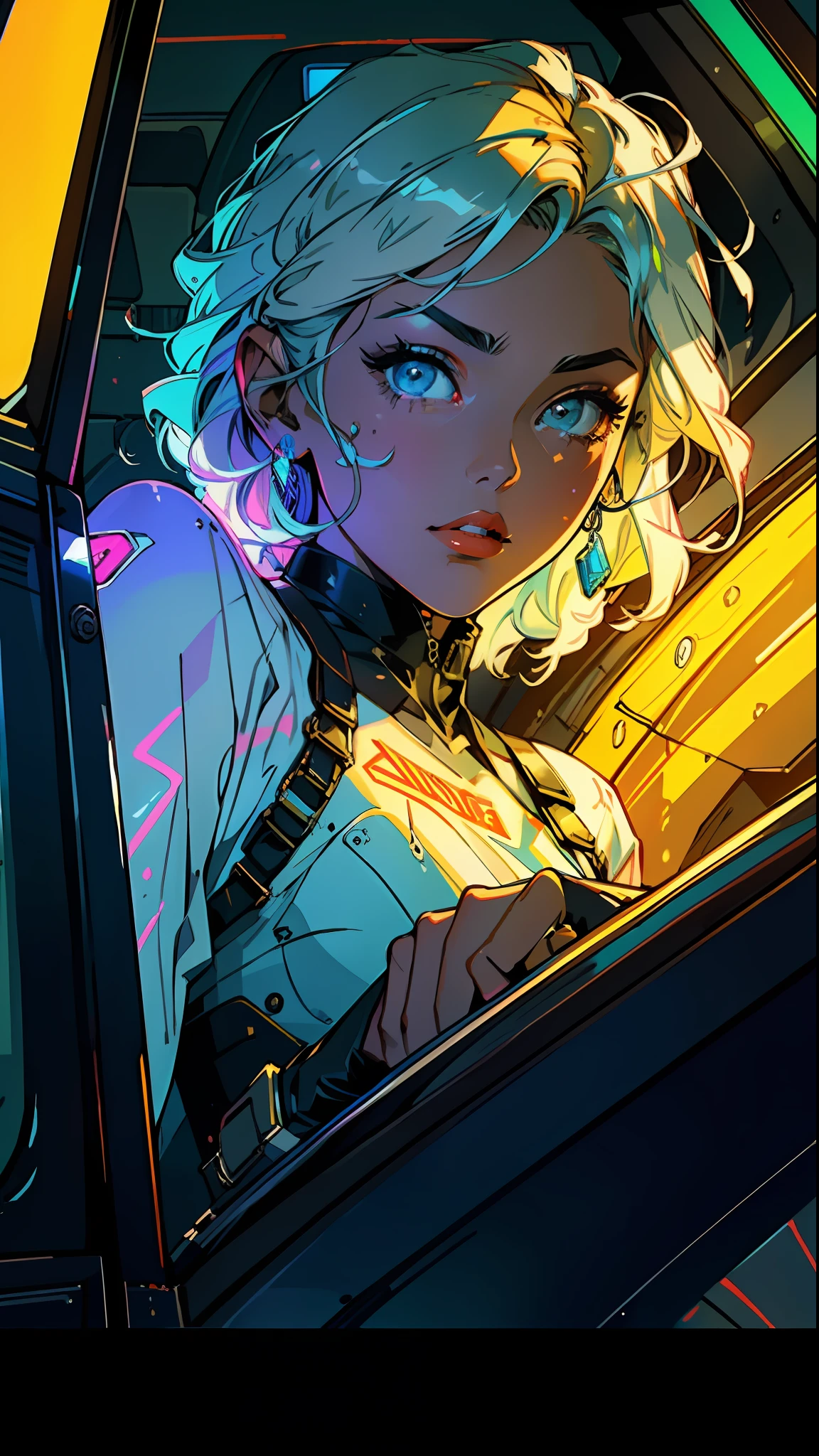 Car, retro, full color, multicolor, artful, top detail, super quality, fine details, highlights, neon lights