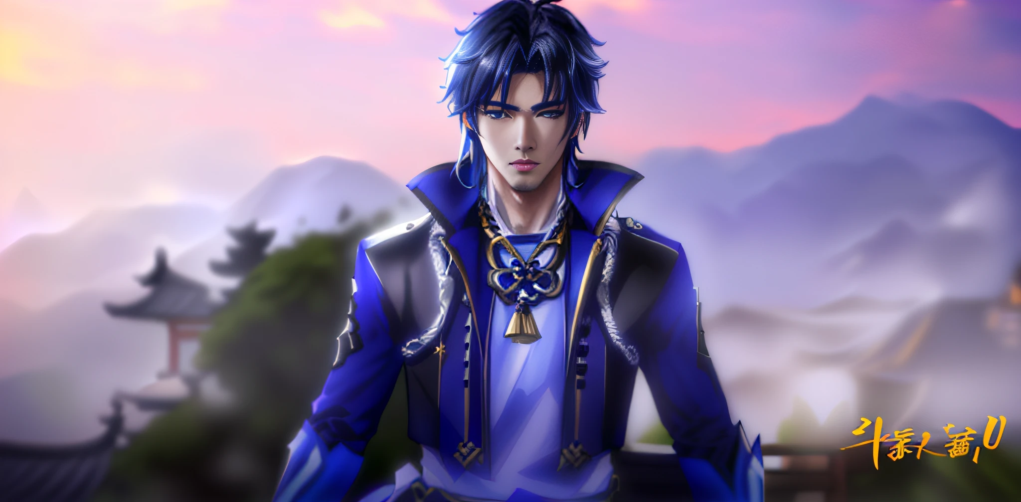 Anime characters with black hair and blue eyes in blue costumes, Hirase Jinyao in "Genshin Impact", Zhongkun in "Genshin Impact", Zhao Yun, G Liulian art style, handsome guy in "Demon Killer", Shiro Masamune, Yang J, fairy hero, Masamune, anime handsome