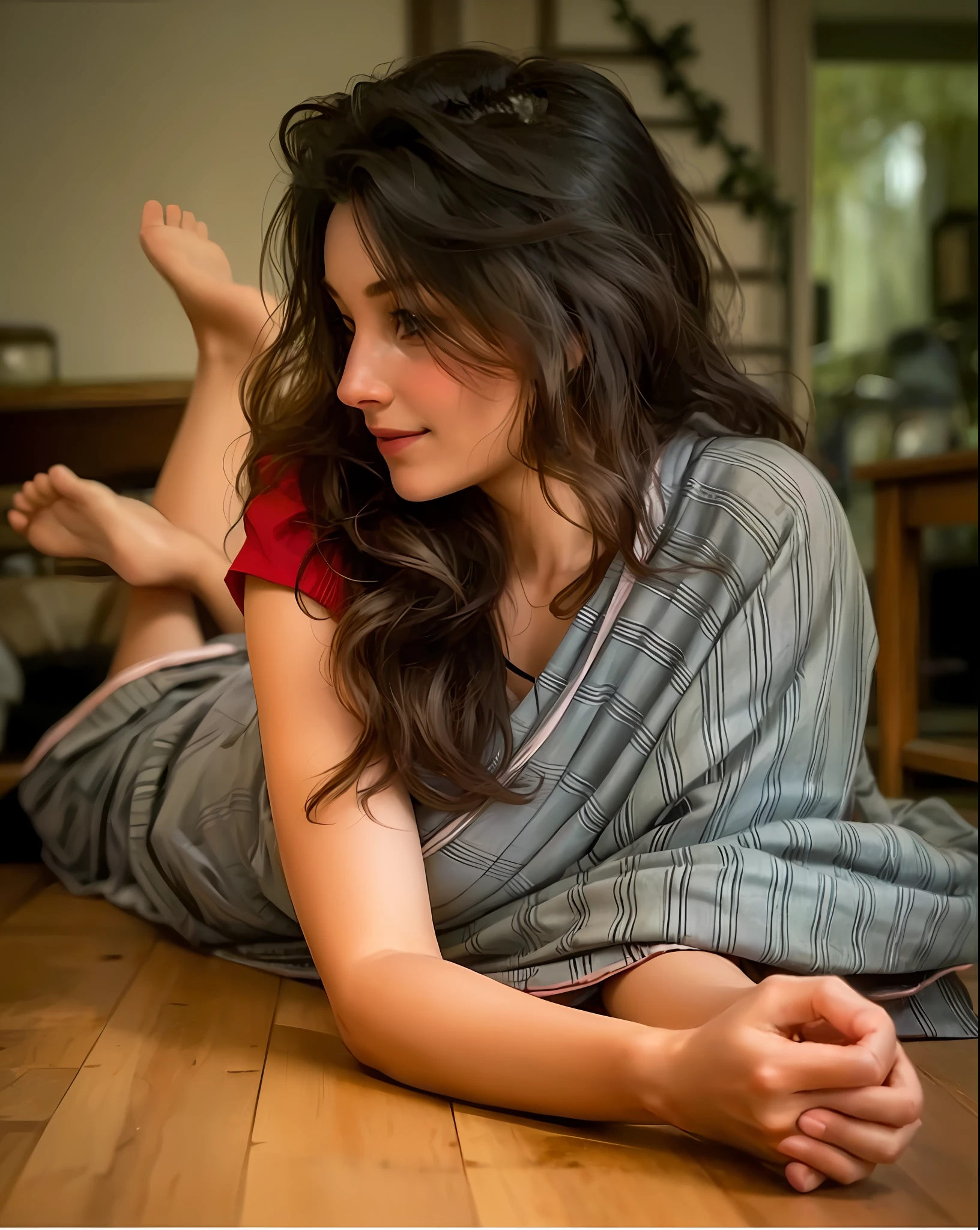 a hyper-realistic portrait of a young woman, smiling, under a tree, inside a forest, in the middle of nature, 22 years old, realistic, (lying on her side), sexy, (huge breasts 2:1), short brown hair, (hair tied with bows), curved, SFW