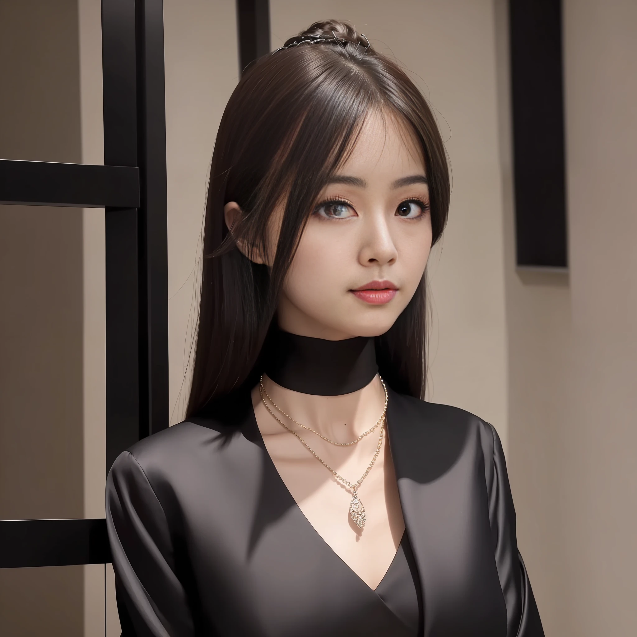 (Best Quality, 8k, 32k, Masterpiece, UHD: 1.2), Photo of a Beautiful Chinese Woman, A Woman: 1.5, (Detailed Face: 1.1), Simple Black Suit, Looking at the Viewer, (Full Body Photo: 1.6), Necklace, Dress Shirt, Smile, Lower Body Long Skirt, Slim Figure, Long Legs, High Heels: 1.4, (Tall Height: 1.6), Light in Eyes
