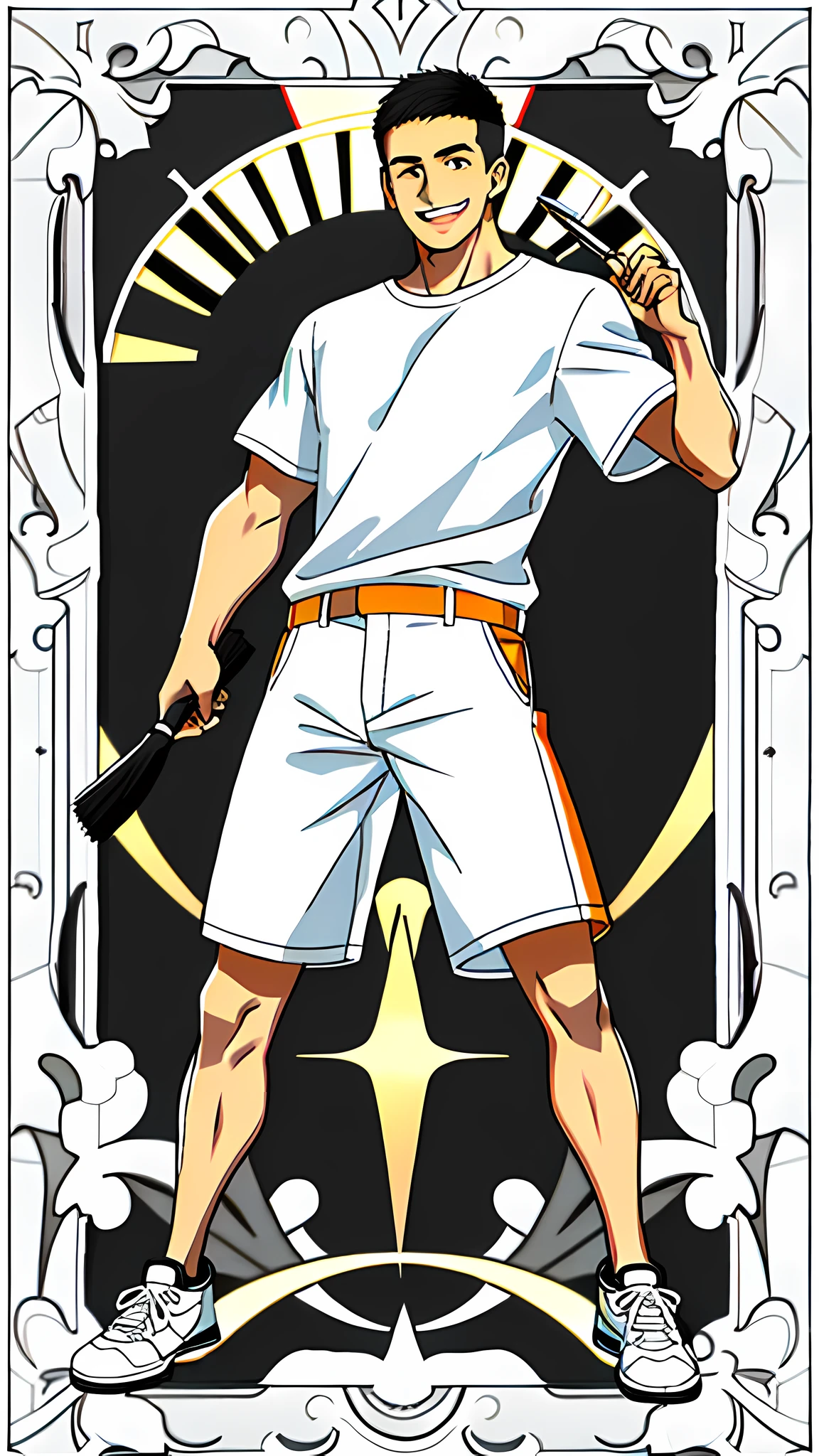masterpiece, best quality, full body, card, 1 guy, the sun, happy, laugh, short hair, black hair, brush cut, white shirt, standing, white, light, yellow, orange, black, buzz cut, bara, street style, white t-shirt, sport, center, young guy, detail clothes, hiphop, fashion, boy, guy, sun light, shine