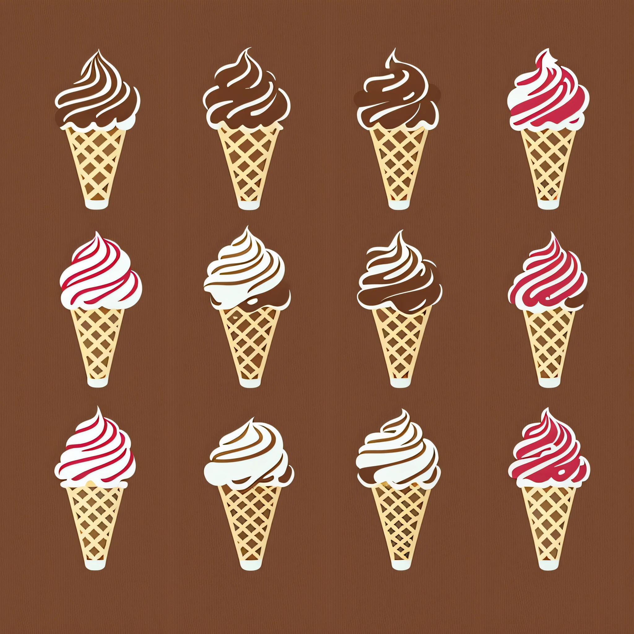 Produce nine simple and flexible icons that can be associated with soft serve ice cream, devoid of border lines and with as little shadow as possible