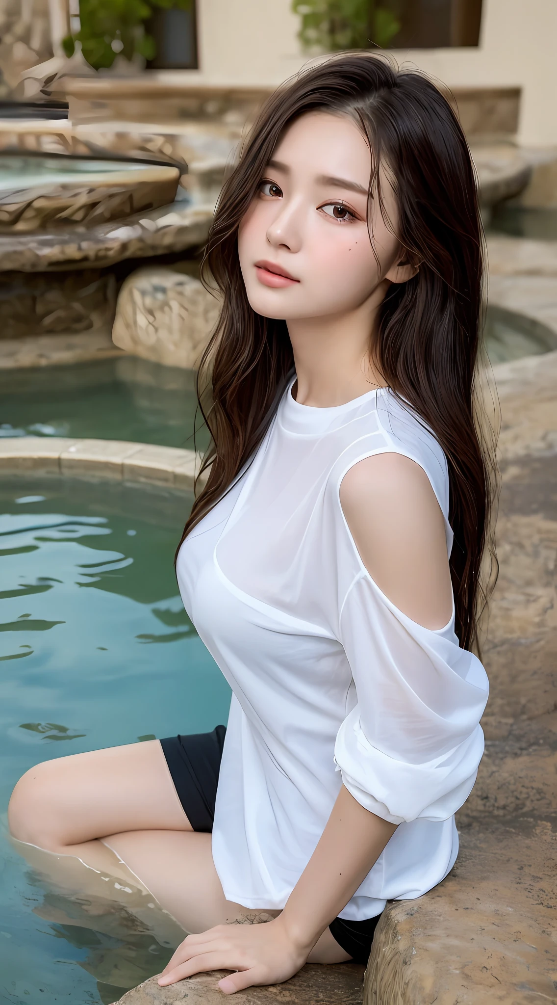 ((Top Quality, 8k, Masterpiece: 1.3)), 1 Girl, Beauty, (Big: 1.2), Casual Wear: 1.2, Interior, Super Detail Face, Delicate Eyes, Double Eyelids, Soft Breasts, Feet in Hot Springs, Girl's Room, Pajamas, Morning