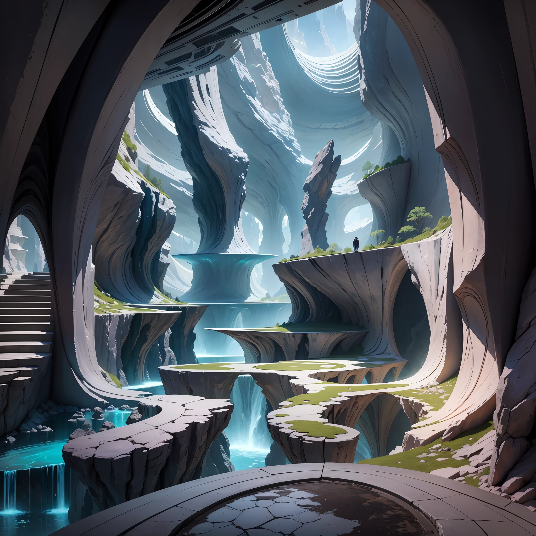 Futuristic design of cave architecture interiors concept art on grand Canyon caves nature architecture, proportional,detailed, cave architecture nature meets futuristic architecture by Toyo Ito and Philip Johnson ,residential area, futuristic development, high rise made up staircases, balconies, full of rock and glass facades, residential spaces carved from cliff side ,trending on artstation, beautiful lighting,In the style of Jean Nouvel masterpiece, fantasy, intricate, award winning, 4k, highest quality render --auto --s2