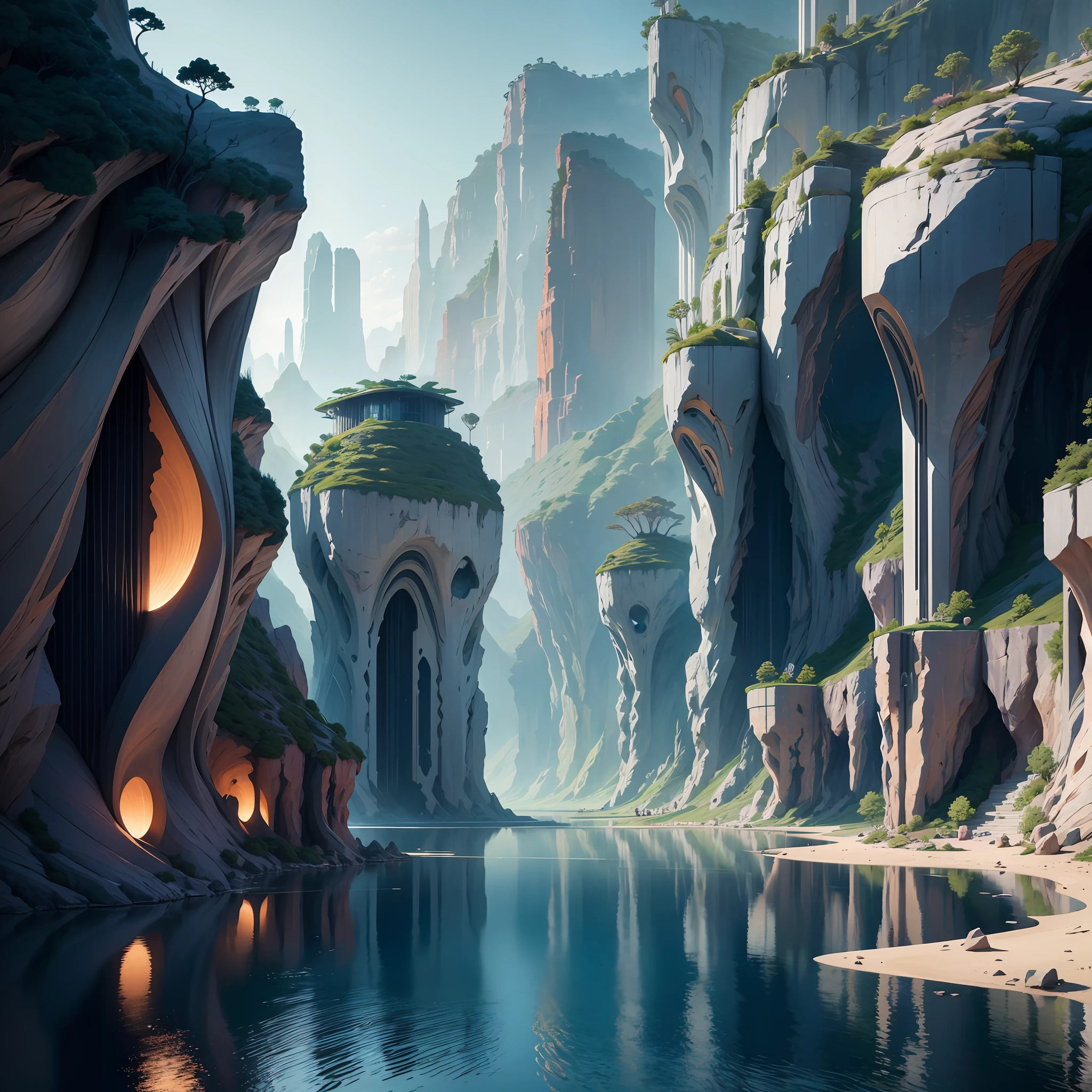 Futuristic design of cave  architecture interiors concept art on grand Canyon caves nature architecture, proportional,detailed, cave architecture nature meets futuristic architecture by Toyo Ito and Philip Johnson ,residential area, futuristic development, high rise made up staircases, balconies, full of rock and glass facades, residential spaces carved from cliff side ,trending on artstation, beautiful lighting,In the style of Jean Nouvel   masterpiece, fantasy, intricate, award winning, 4k, highest quality render --auto --s2