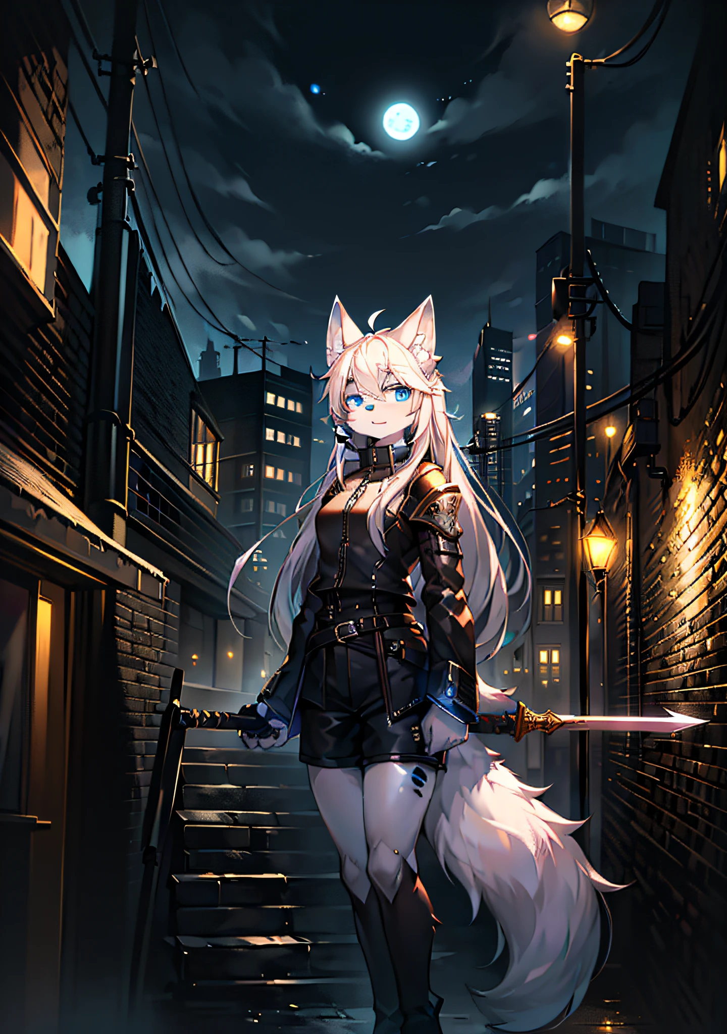 ((Best Quality)), ((Masterpiece)), (detailed), Bright Eyes, Panorama, Solo, Furry, Furry Female, Female Focus, Anthr, (Full Body Fur, Fluffy Tail, White Fur, Blue Eyes, White Hair: 1.2), Long Hair, Youth, Clouds, Sky, Sky, Moon, On Cloudy Days, No Spots, Wolf Type, Humanoid, Wind, Full Shot, Gray-Black Trench Coat, Black Shorts, White Shirt, Wolf Ears, Wolf Tail, Standard with Sword, Gloomy Face, Sideways, Sideways, Wind Magic,Lights on Armor, Cybernetic Headgear, Dynamic Pose, Post-apocalyptic Scene, Destroyed City Background, Buildings on Fire, HDR, Ray Tracing, NVIDIA RTX, Super Resolution, Unreal 5, Subsurface Scattering, PBR Textures, Post Processing, Anisotropic Filtering, Depth of Field, Maximum Clarity and Acutance, Rule of Thirds, 8K Primor, (Glow Particle: 1.4), (Very Detailed CG, Unity 8K Wallpaper, 3D, Cinematic Lighting, Lens Halo), Reflections, Sharp focus, post-punk art, post-punk architecture,