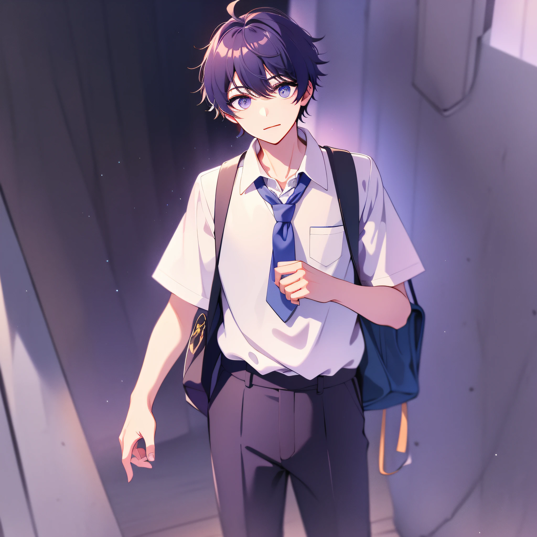 At the end of school, a boy with black hair and a yellow face, wearing a delicate blue and white school uniform, blue and white sneakers, and a colorful sports school bag in his hand, with brilliant purple starry eyes and white skin against the background, is amazing. There is also a strange girl next to him, which sets off his background, highlighting his handsomeness and confidence even more. His facial features are delicate, more like a character coming out of a painting, making it difficult to look away. The black school uniform pants accentuate his tall figure even more. This painting makes people feel the excitement and vitality of school after school, and also makes people full of good luck about the mystery and charm of this boy