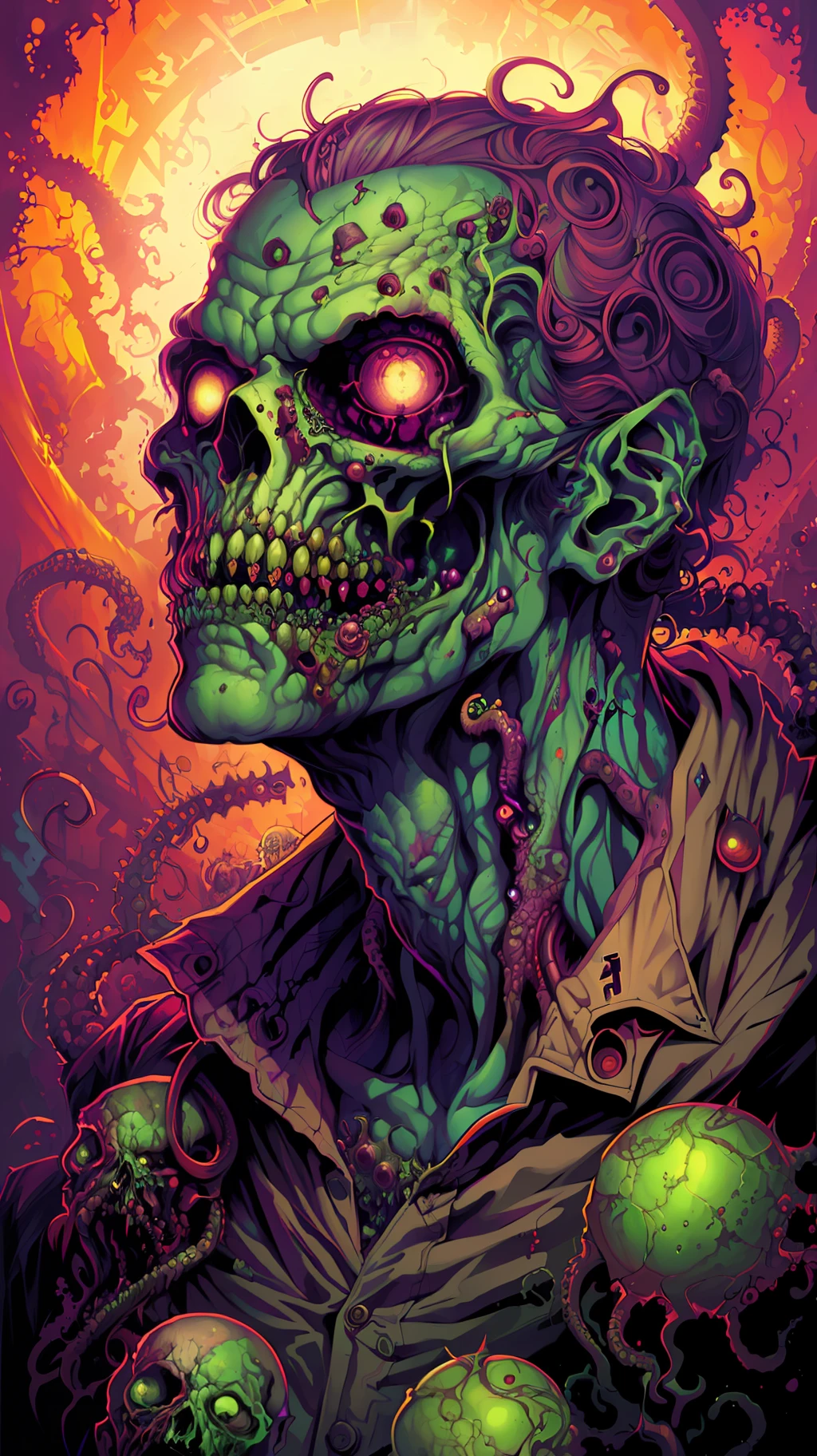 Amazing zombie, (bad dream vision perfect art, 64k ultra hd:1.1), (art by apterus, art by dan mumford, art by lovecraft:1.2)