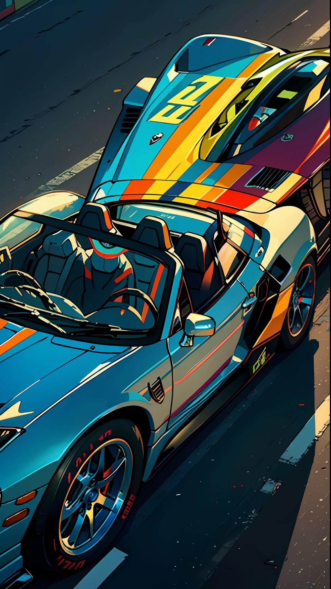 Sports Car, Retro, Full Color, Multicolor, Artificial, Superior Detail, Super Quality, Fine Details, Highlights, Neon Lights