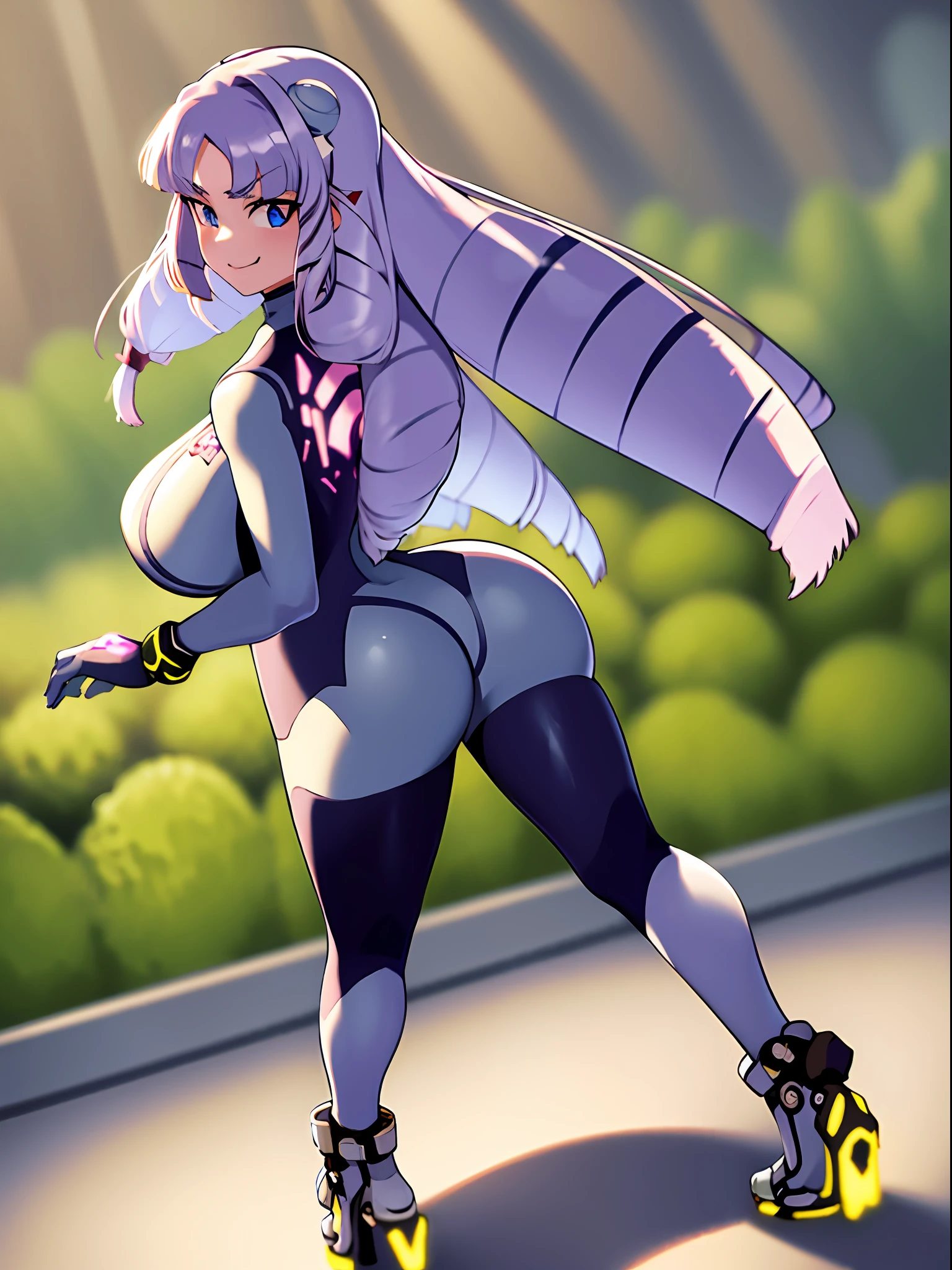 1girl, solo, full body portrait, Fujido Oriko, blue eyes, blunt bangs, breasts, drill hair, fang, large breasts, long hair, purple hair, Zero suit (Metroid) outfit, white hair, standing, in science fiction garden, masterpiece, best quality, zero suit, blue gloves, high heels, looking at viewer, smile, from behind, standing, night, garden