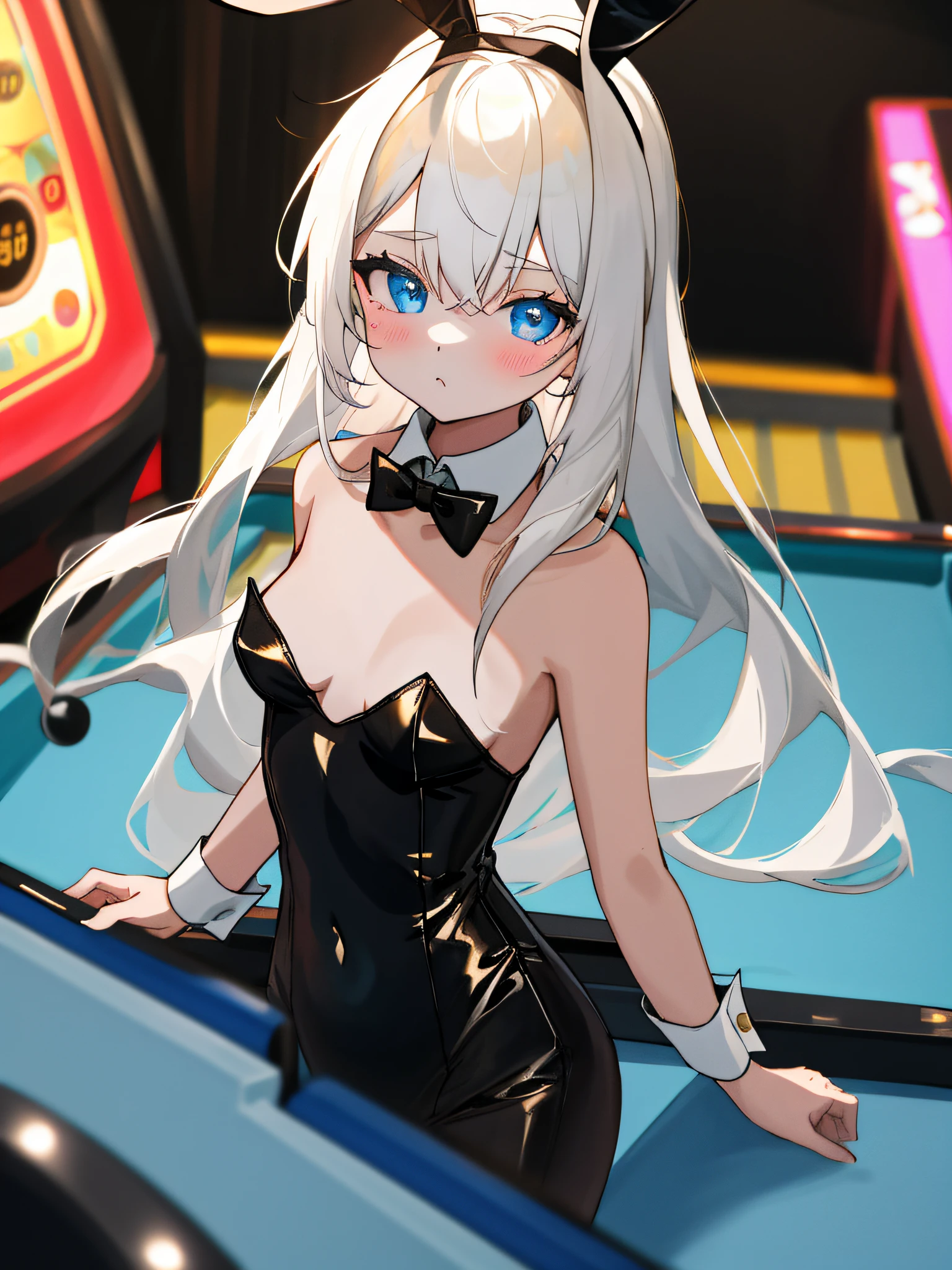 (masterpiece, best quality, absurdres), 1girl, solo, solofocus, white hair, long hair, blue eyes, tiny breasts, preteen, closeup, indoors, night, pool table, playboy bunny, black bunny outfit, gold bowtie, whte collar, neon lights, slot machines