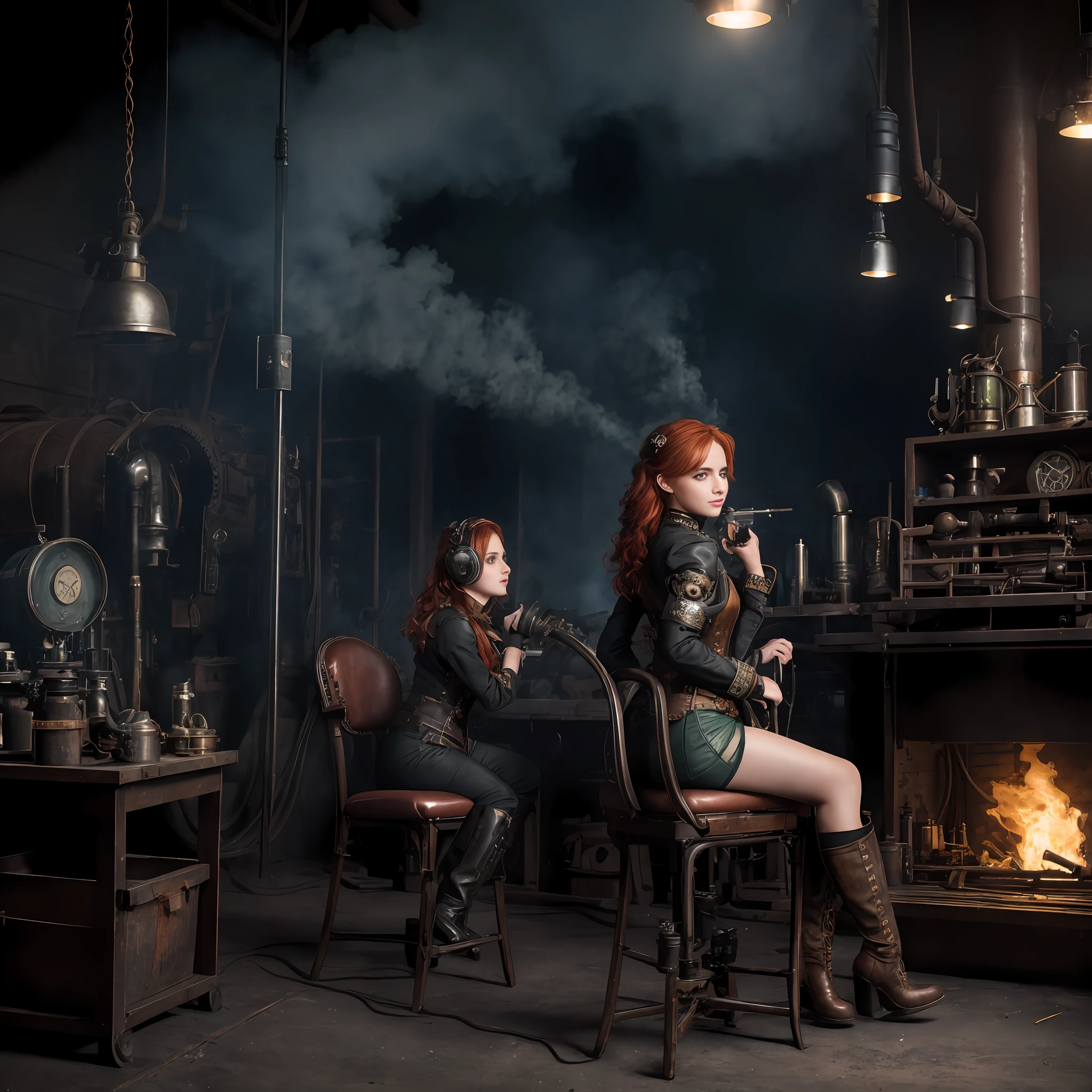 hyper photorealism, perfect anatomy, realistic character, cinematic lighting, shot from the back, (((one girl on a chair is repairing a machine in the steamy smoky workshop))), (a 19 yo girl, (Ana de Armas:0.70), (redhead:1.1)), very cute and smiley, (perfect eyes:1.1), photorealistic wavy hair, a girl in a steampunk jumpsuit in light gray color, intercom headset, steampunk choker, long leather boots, perfect detailed face, detailed symmetric green eyes with circular iris, fixing a steam engine in the steampunk garage filled with steam and smoke, cogs and gears, steamy background with lots of steam pipes and steam valves and pressure gauges and gears, intricate background, very highly detailed costume, very highly detailed background, steampunk aesthetic, steamy, Canon 5D, f1.8 lens