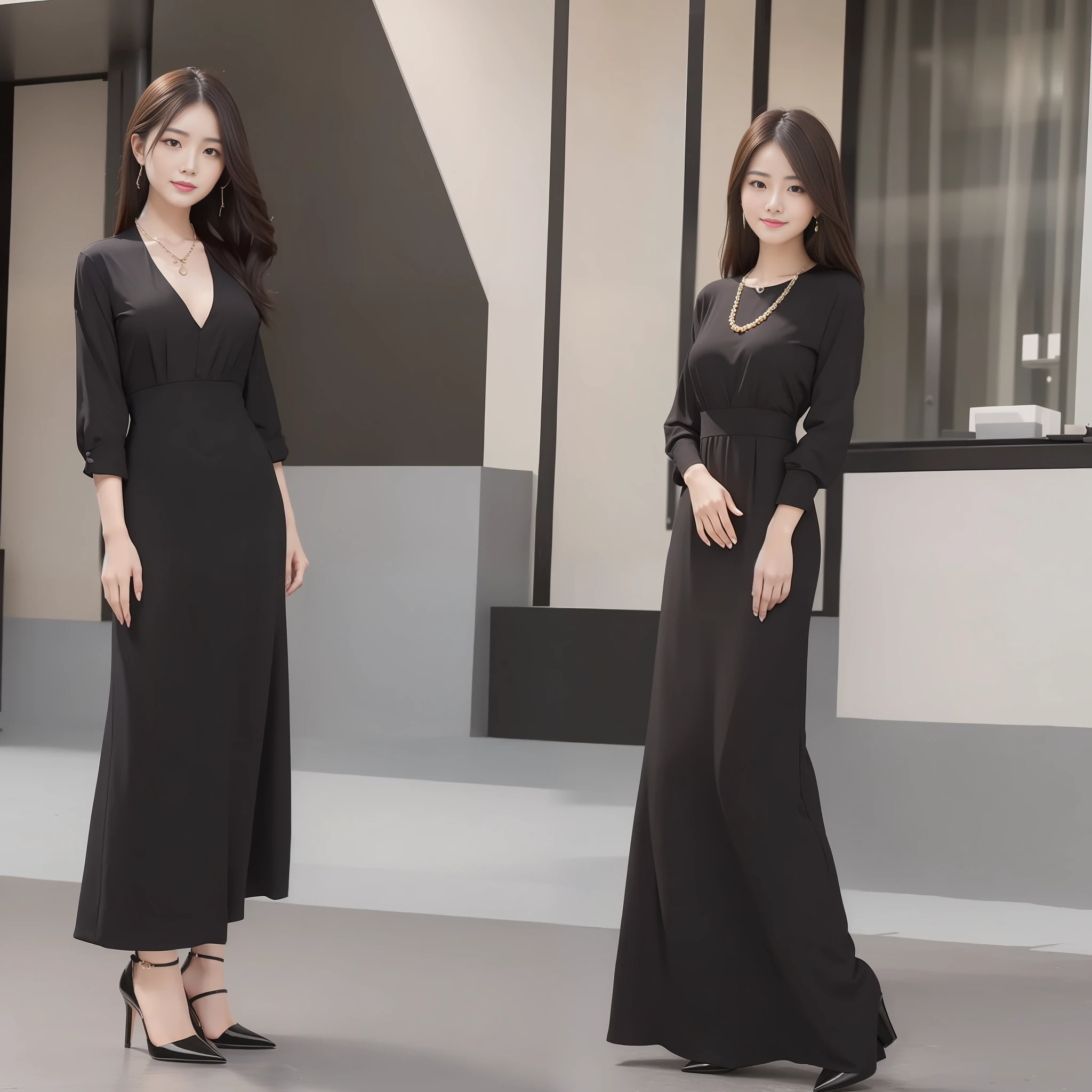 (Best Quality, 8k, 32k, Masterpiece, UHD: 1.2), Photo of a Beautiful Chinese Woman, A Woman: 1.5, (Detailed Face: 1.1), Simple Black Suit, Looking at the Viewer, (Full Body Photo: 1.6), Necklace, Dress Shirt, Smile, Lower Body Long Skirt, Slim Figure, Long Legs, High Heels: 1.4, (Tall Height: 1.6), Light in Eyes