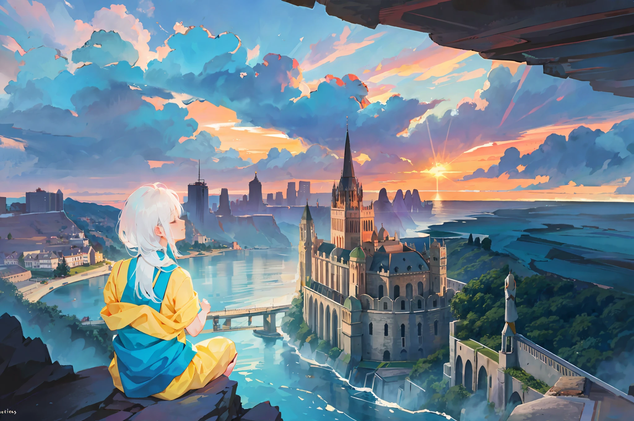 Woman meditating while looking at beautiful scenery