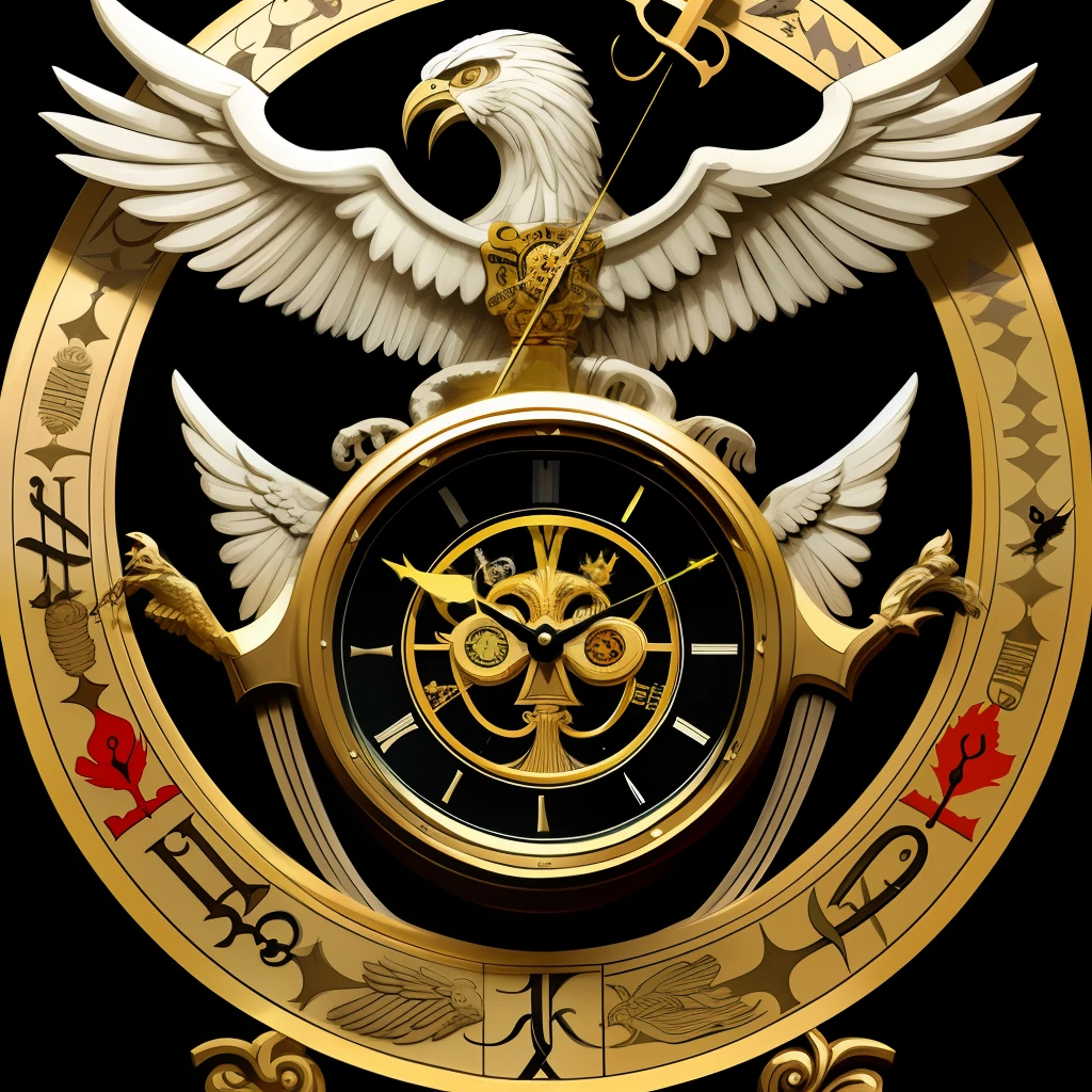 Coat of arms, chronos, cross, sickle, clock, quid est veritas,