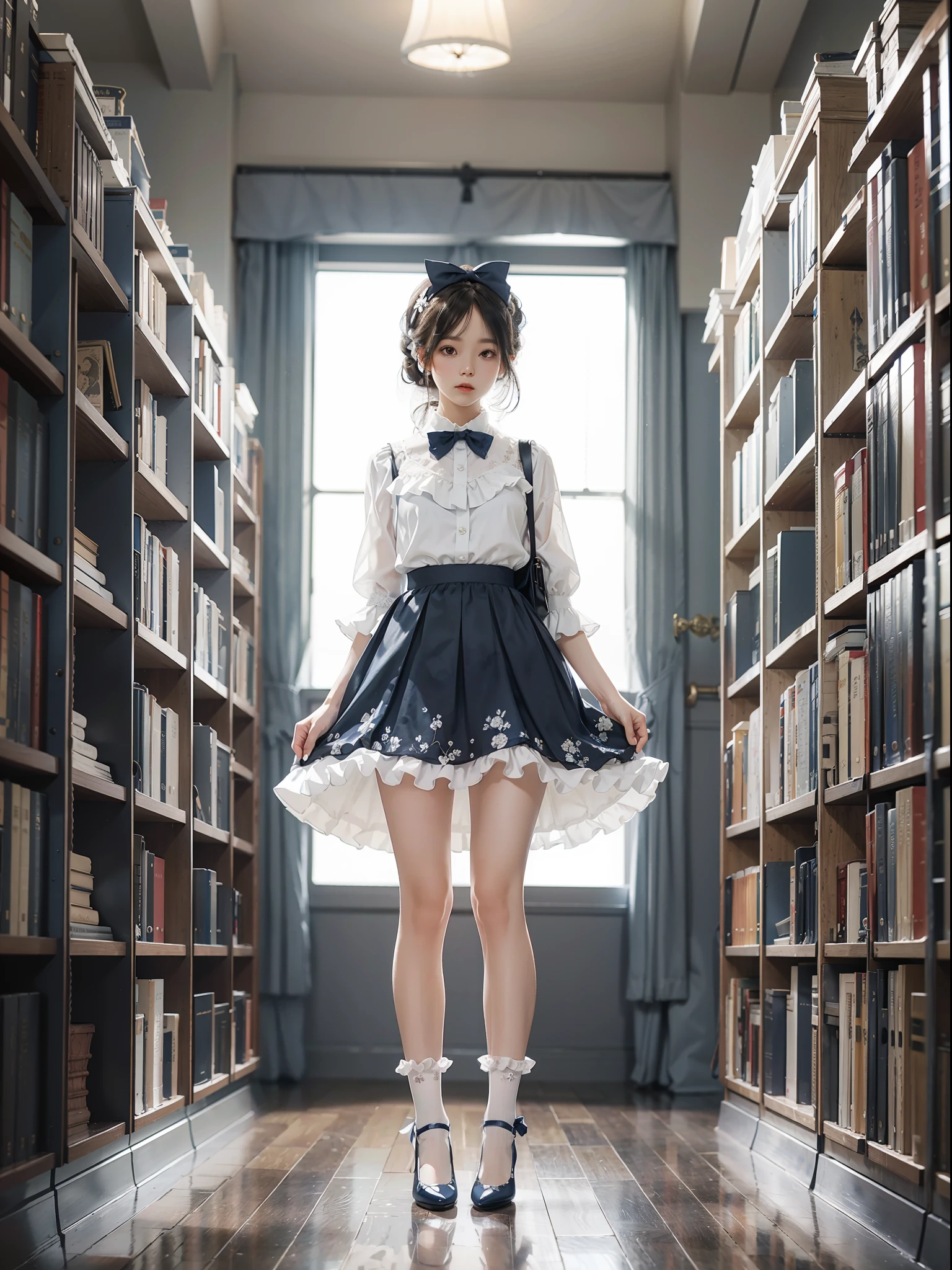 Woman standing alone in library, white floral blouse, dark blue bow tie, dark blue skirt with ruffles, wearing white silk ruffled socks, wearing pumps, white light background