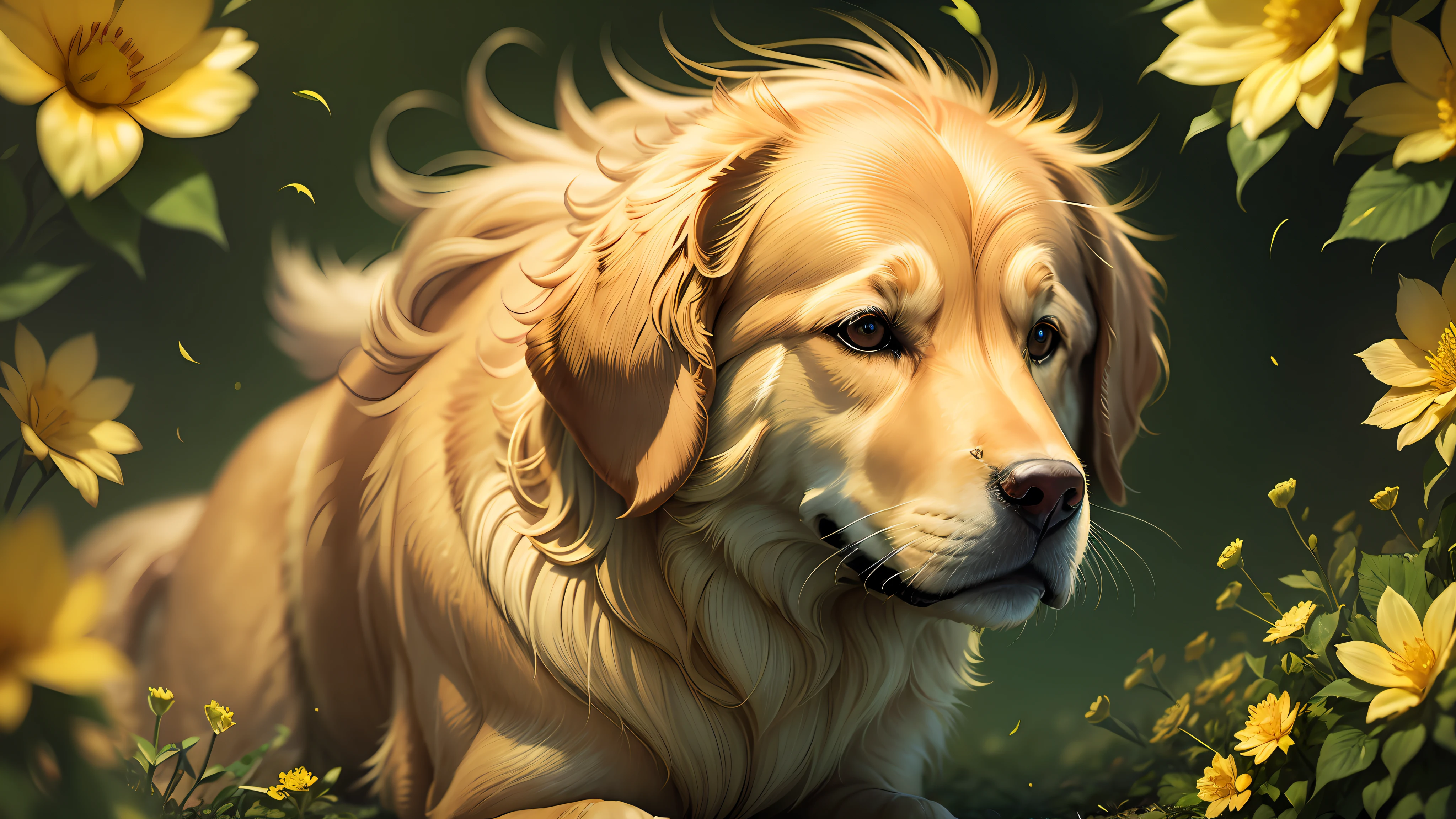 a Golden Retriever gold fur, strong depth of field, image in acqua green and yellow tones, image in Anne wth an E opening style, side view, abstract art, faded colors, perfect, flawless, sharp, dark backdrop, flowers, close-up --auto --s2