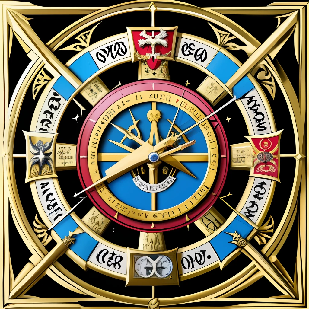 Coat of arms, chronos, cross, sickle, clock, quid est veritas,