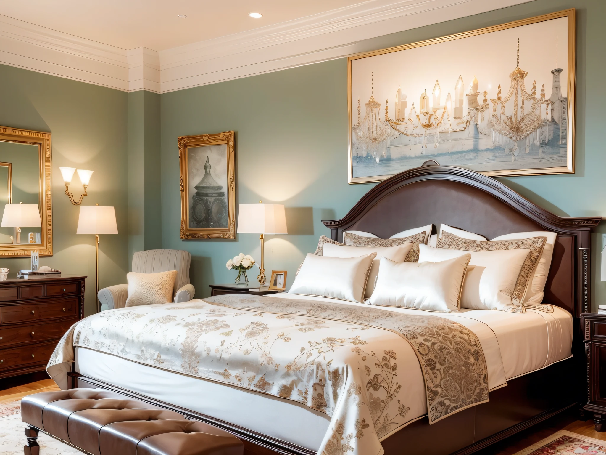 ((masterpiece)), A luxurious bedroom, complete with a king-sized bed, fluffy pillows, and silky sheets. The room is bathed in soft, warm light from the crystal chandelier overhead. A sense of relaxation and tranquility pervades the space, with the muted colors of the walls and furniture contributing to the peaceful atmosphere. The artwork on the walls features delicate watercolor paintings and intricate sketches, adding a touch of whimsy to the room.