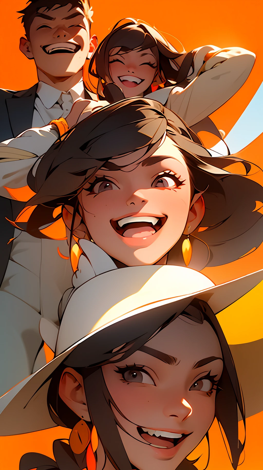 Man and woman in fashion trend outfit, split bangs, gray eyes, laughing, sunny, looking at the audience, horizontal perspective, centered, orange background, masterpiece, textured skin, high detail, best quality