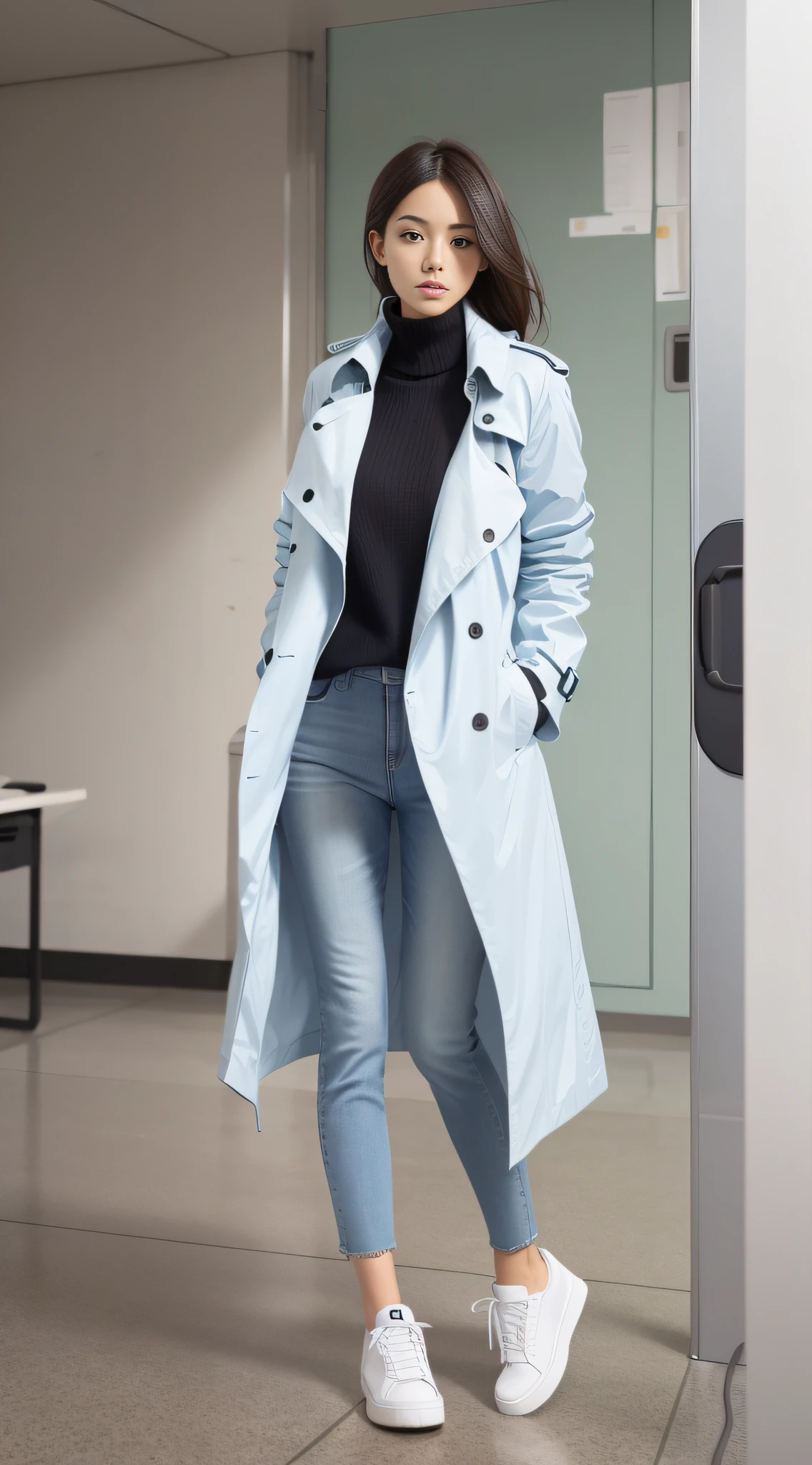 A long-legged girl in a soaked trench coat, blue skinny jeans, white sneakers sitting in the office