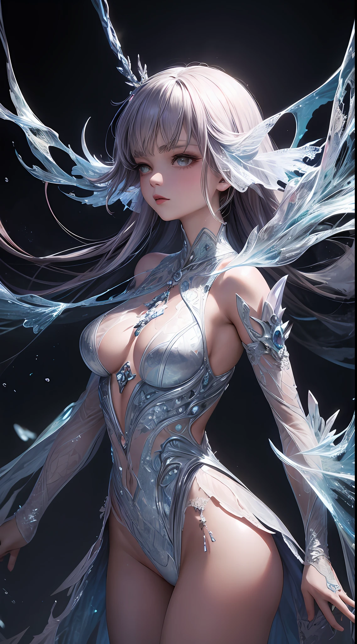 NSFW, crystal cover, upper body, side shot, alternative color, masterpiece, detailed illustration, realistic, pixiv top quality, exquisite, {{{cute 1girl}}}, super beauty merging with machine, elaborate shabby chic pattern, sparkly beautiful woman, half of my body is made of machine, transparent glass body, The machine inside is transparent, cinematic lighting, dynamic angle, Dynamic Pose, Crystal World, Depth of Field