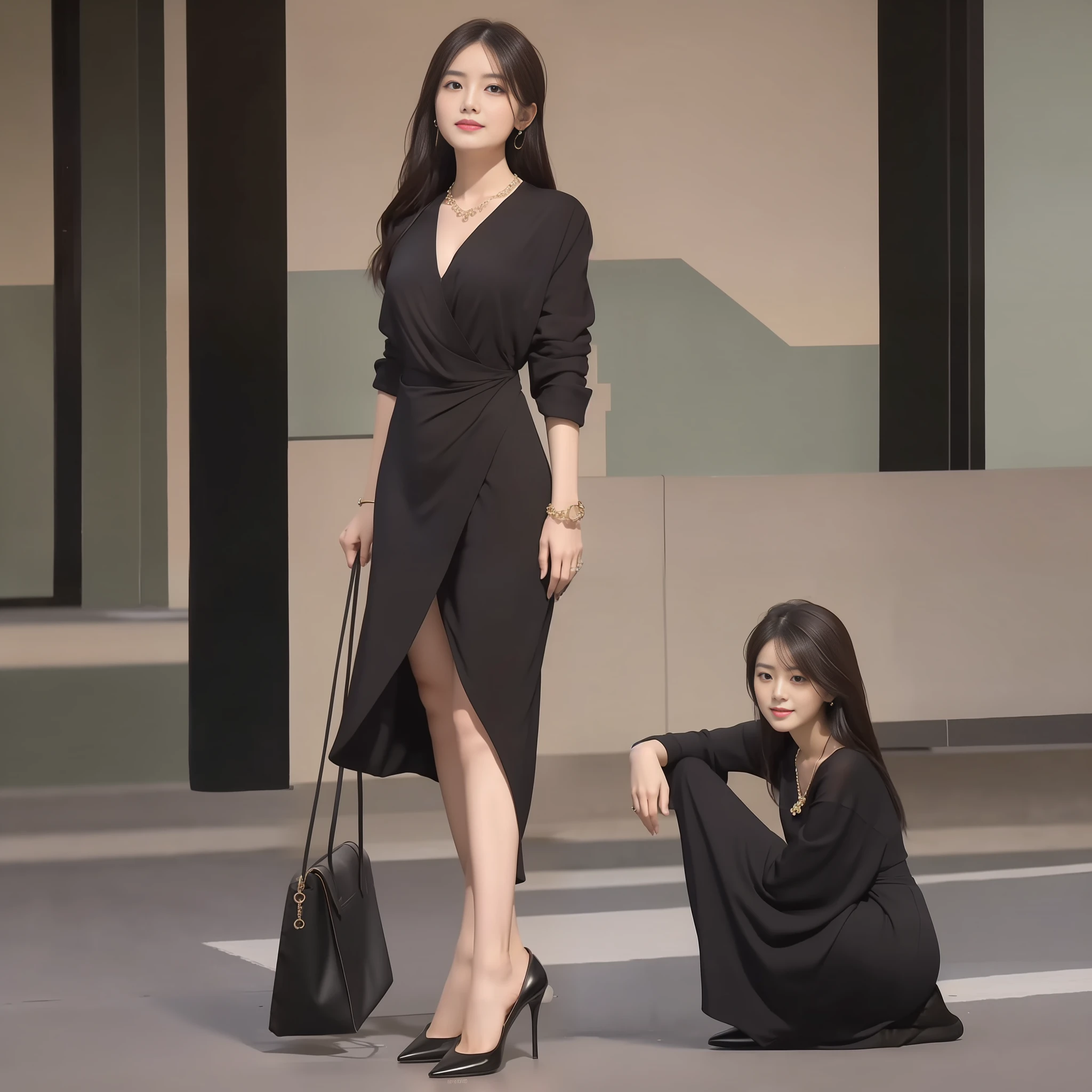 (Best Quality, 8k, 32k, Masterpiece, UHD: 1.2), Photo of a Beautiful Chinese Woman, A Woman: 1.5, (Detailed Face: 1.1), Simple Black Suit, Looking at the Viewer, (Full Body Photo: 1.6), Necklace, Dress Shirt, Smile, Lower Body Long Skirt, Slim Figure, Long Legs, High Heels: 1.4, (Tall Height: 1.6), Light in Eyes
