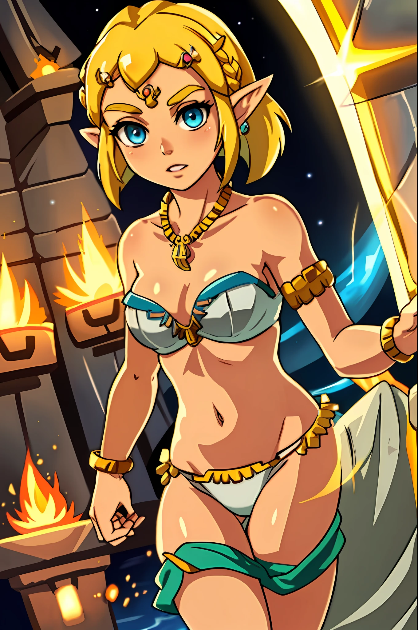 ZeldaTOTK, princess zelda, 1girl, magical aura, jewelry, pointy ears, large breasts, bikini, blonde hair, crown braid, short hair, triforce, solo, earrings, braid, lingerie, bra, panties, necklace, bracelet, blue eyes, armlet, thick eyebrows, hairclip, striking plush lightning aura with ocean background, cinematic lighting, depth of field, bokeh, realism, photorealistic, hyperrealism, professional photography, uhd, dslr, hdr