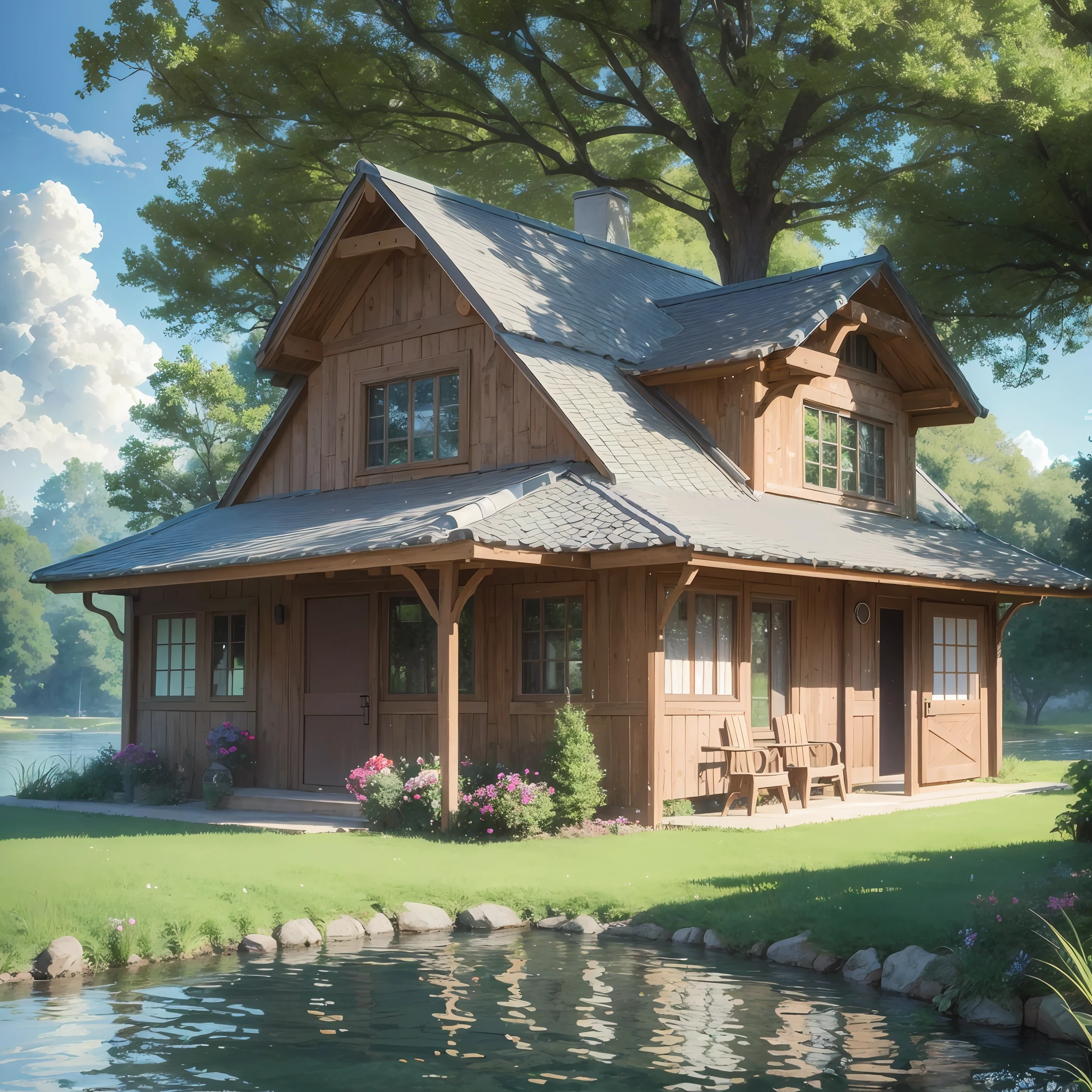 anime scenery of a house and a lake with a bench, anime countryside landscape, anime background art, anime landscape wallpaper, relaxing concept art, anime scenery, anime background, anime landscape, anime beautiful peace scene, stunning art style, anime style 4 k, lofi artstyle, anime art wallpaper 8 k, beautiful anime scenery, makoto shinkai cyril rolando --auto --s2
