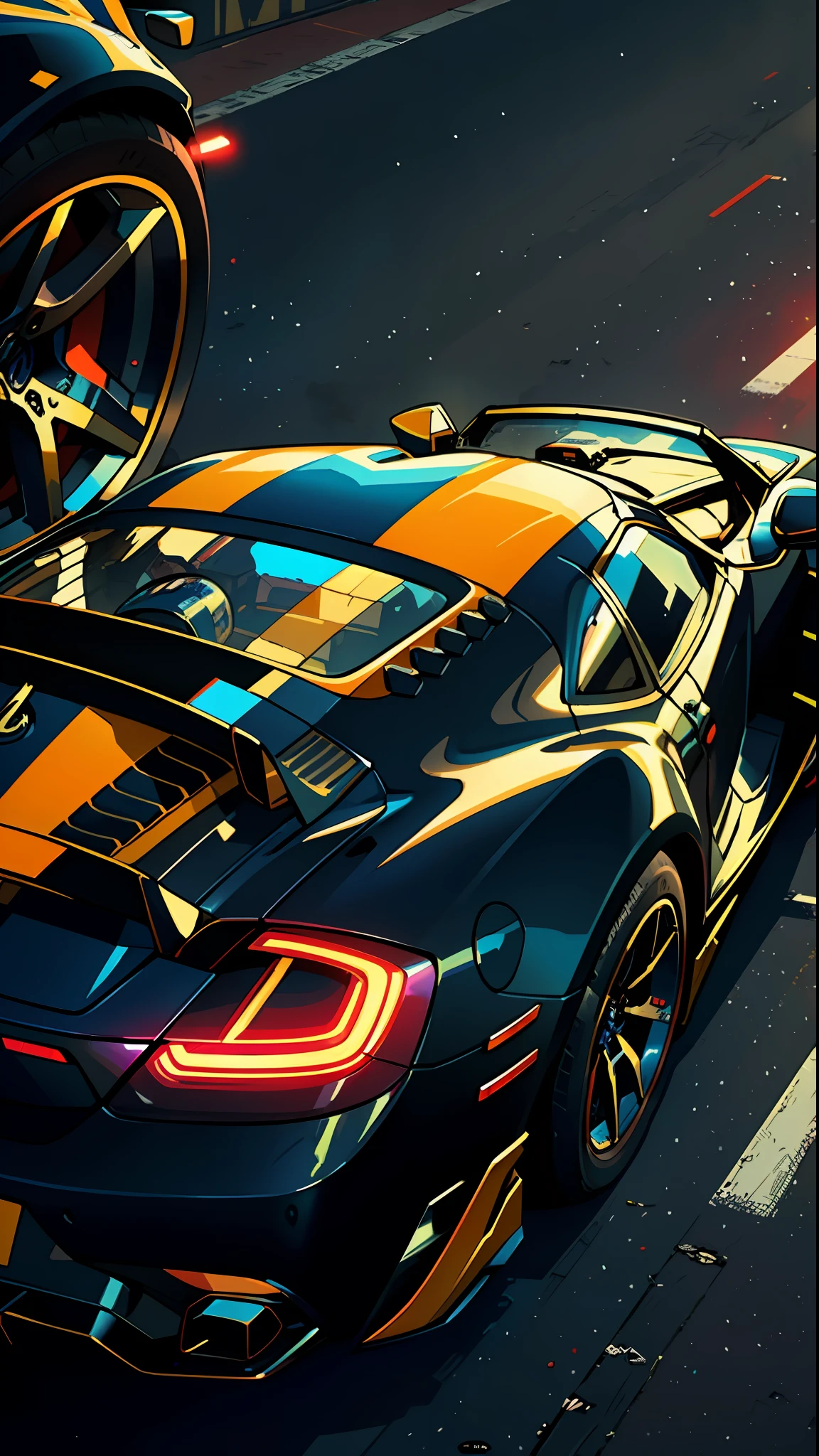 Sports Car, Retro, Full Color, Multicolor, Artificial, Superior Detail, Super Quality, Fine Details, Highlights, Neon Lights